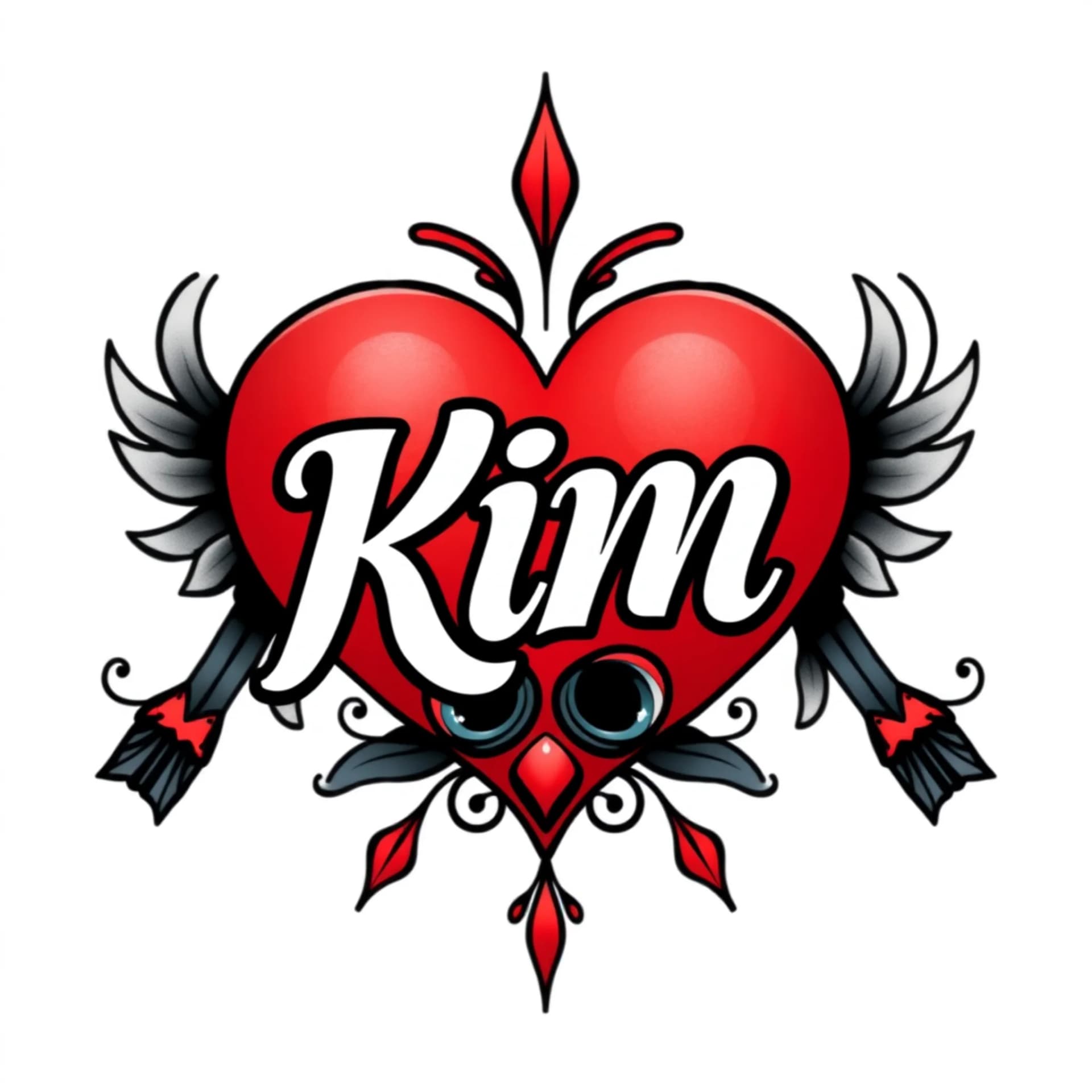 Traditional tattoo: The word KIM written inside a heart shape