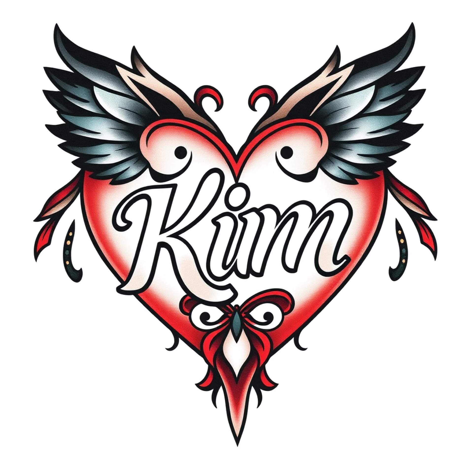 Traditional tattoo: The word KIM written inside a heart shape