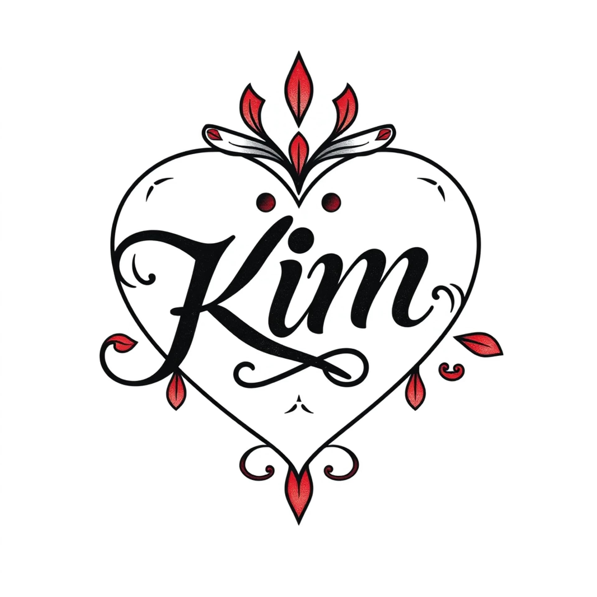 Traditional tattoo: The word KIM written inside a heart shape