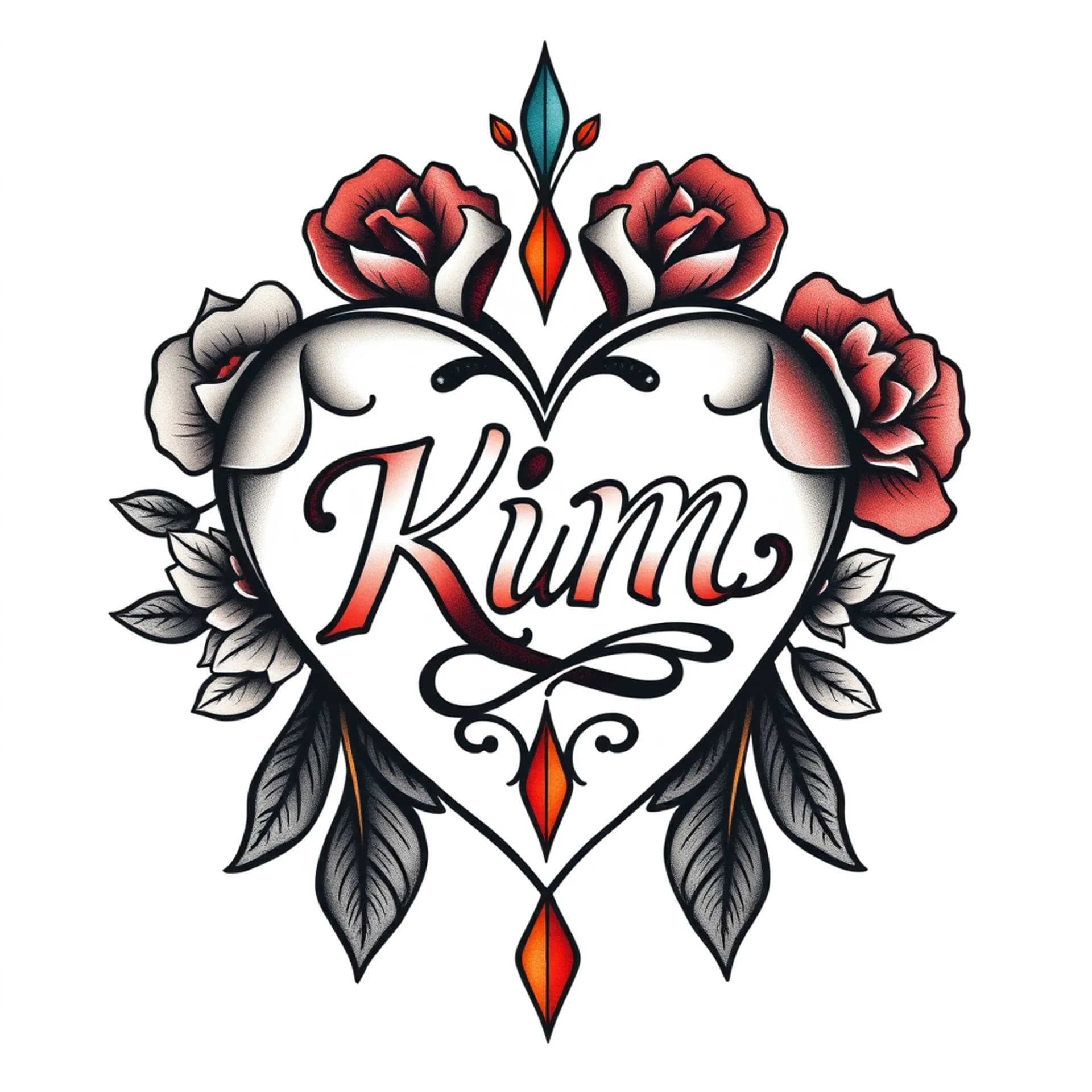 Traditional tattoo: The word KIM written inside a heart shape