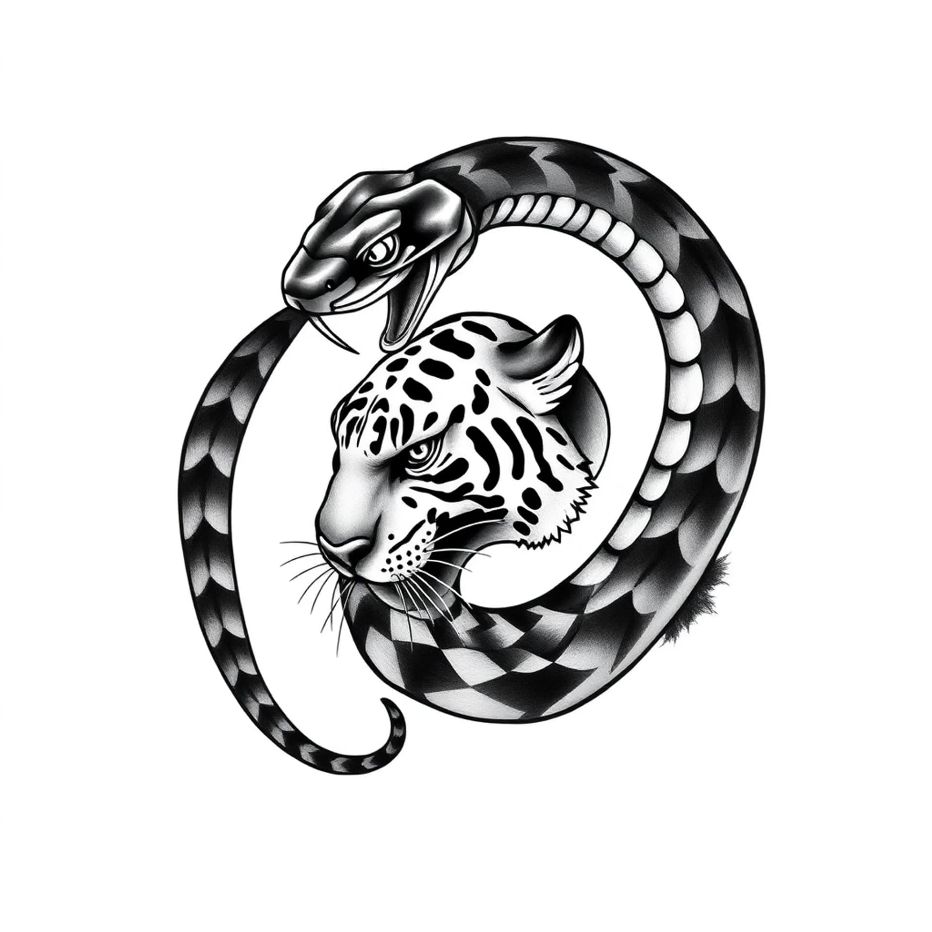 Black And Grey tattoo: A black mamba coiling a tiger