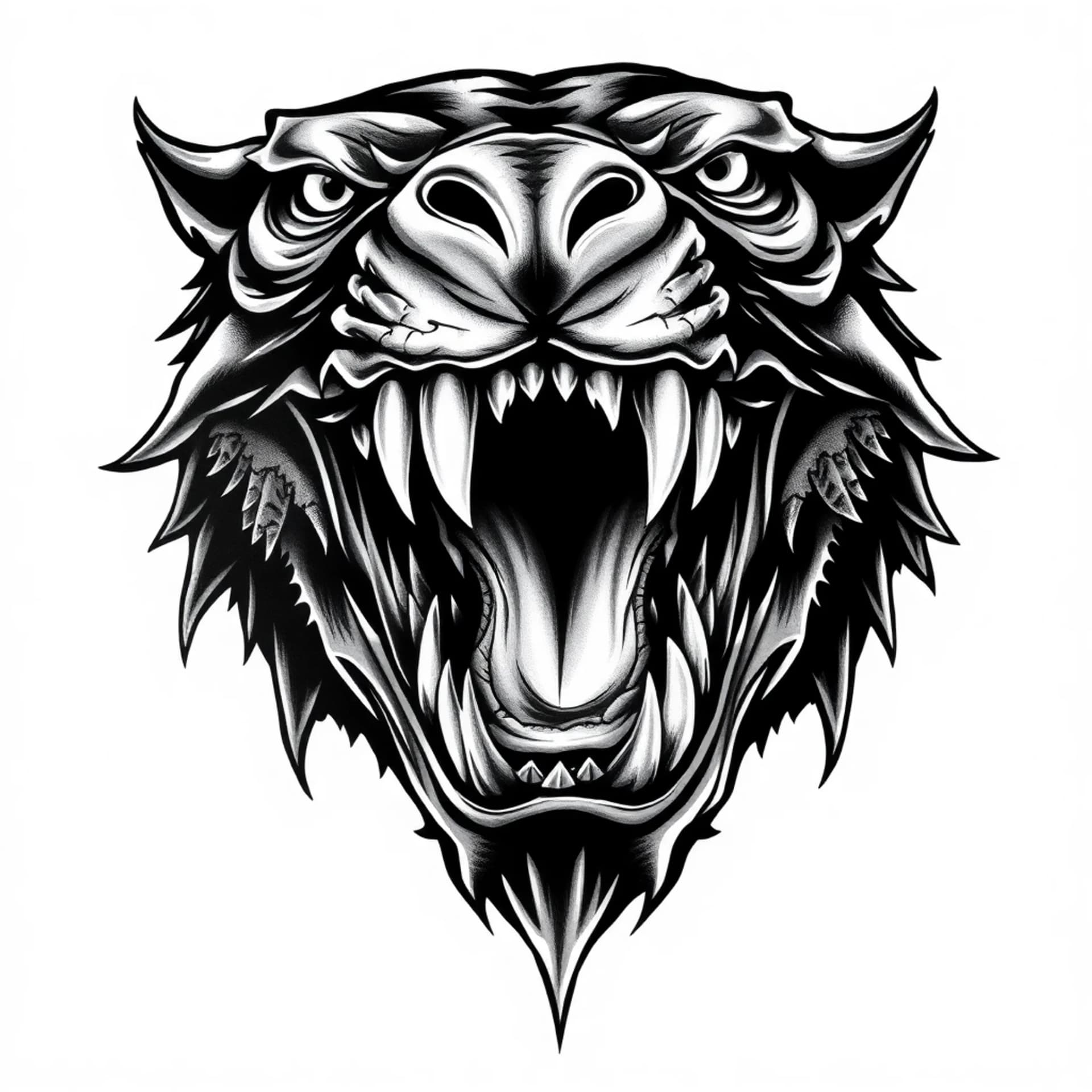 Black And Grey tattoo: Terrifying Beast Human in jaws