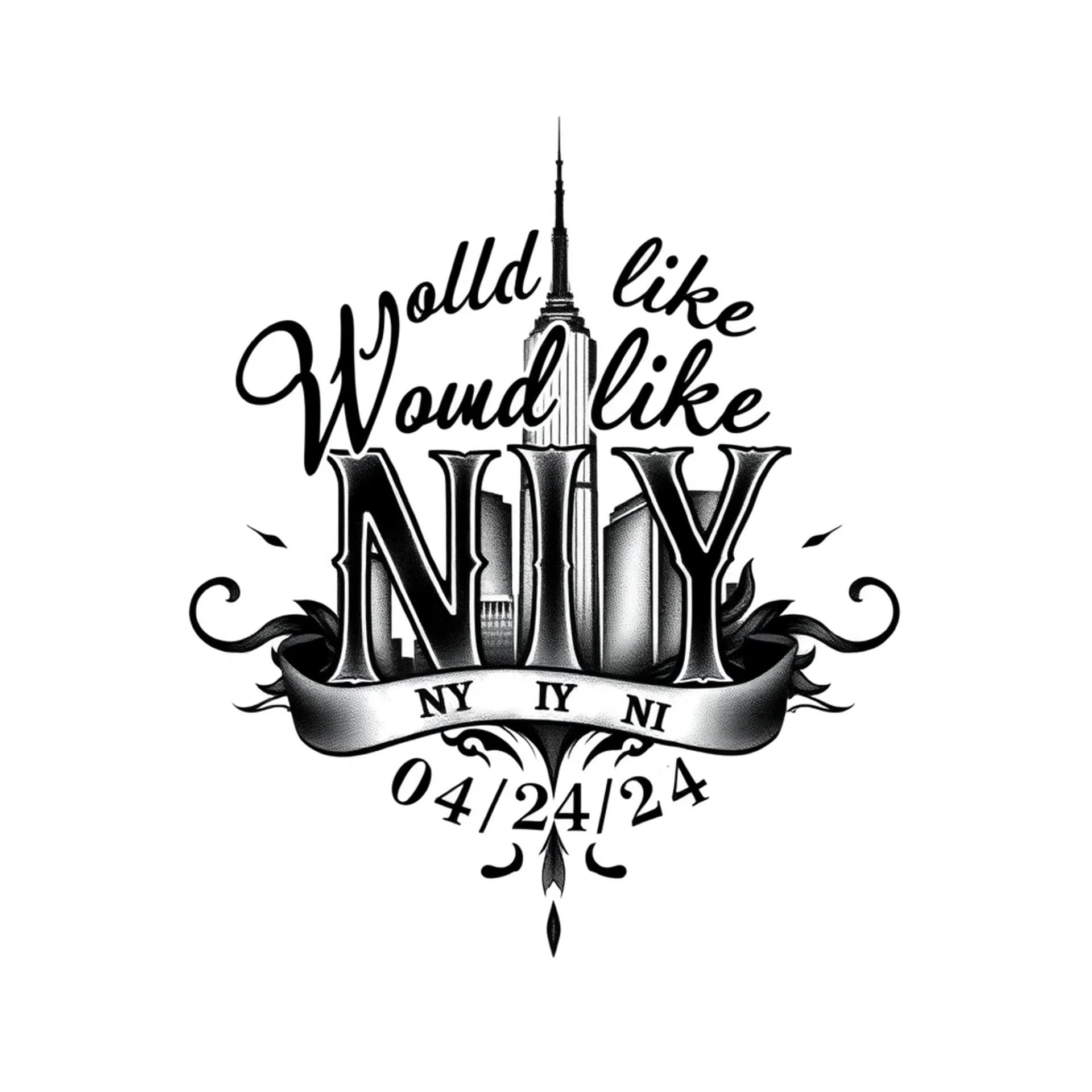 Black And Grey tattoo: Would like NY with Roman Numerals of 04/24/24