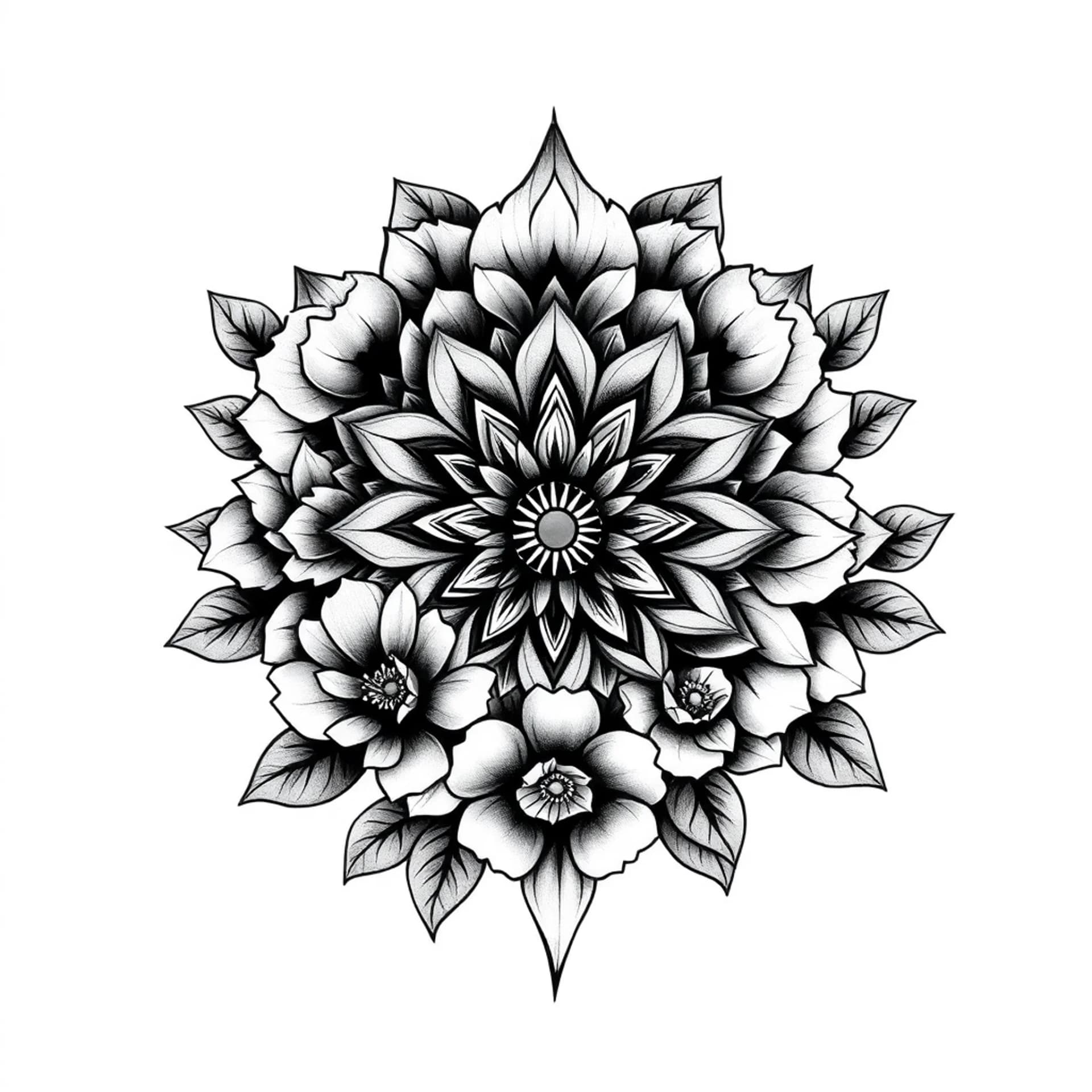 Black And Grey tattoo: A Mandela with florals