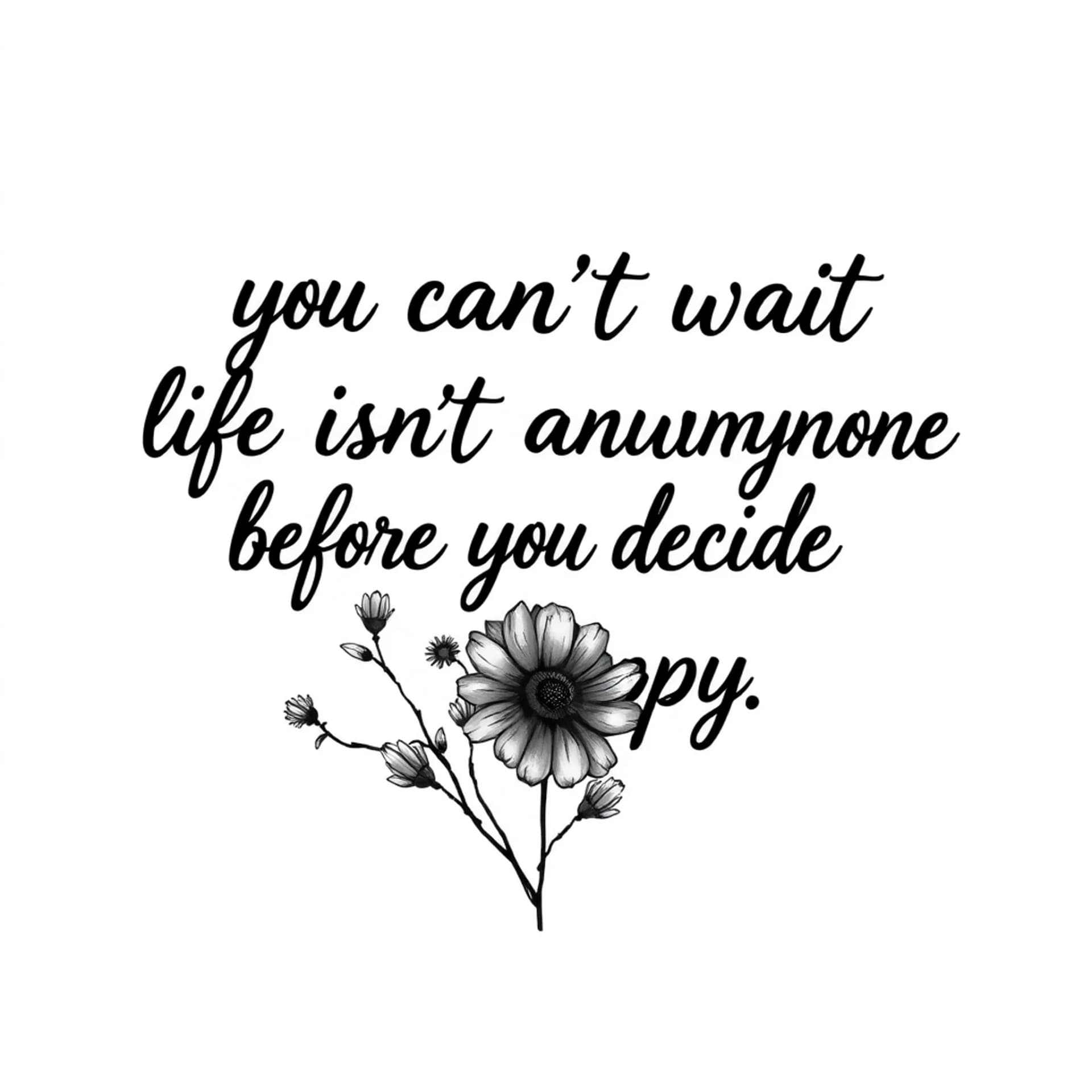 Black And Grey tattoo: Quote “you can’t wait until life isn’t hard anymore before you decide to be happy” with wildflowers
