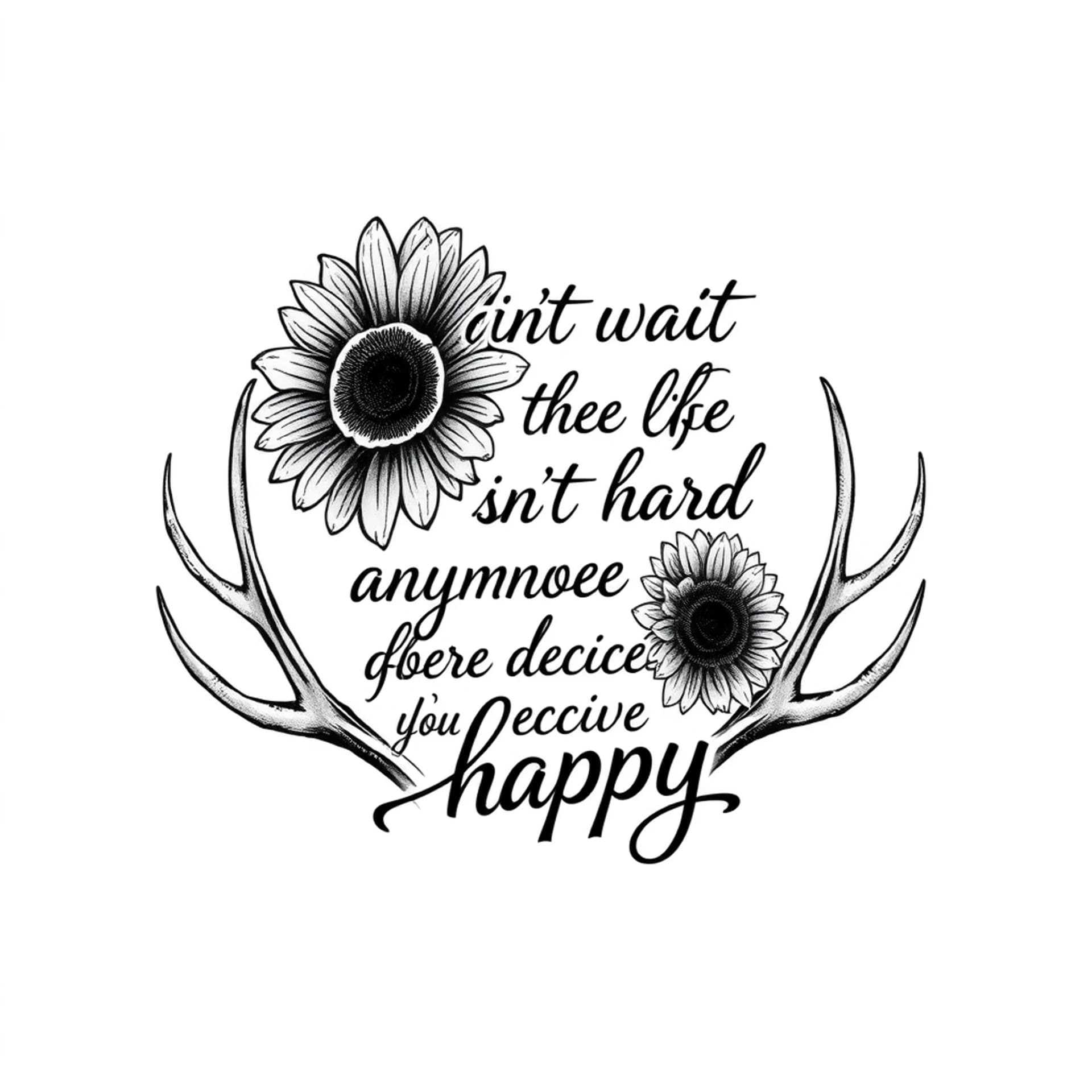 Black And Grey tattoo: Quote in cursive “you can’t wait until life isn’t hard anymore before you decide to be happy” with sunflowers and antlers