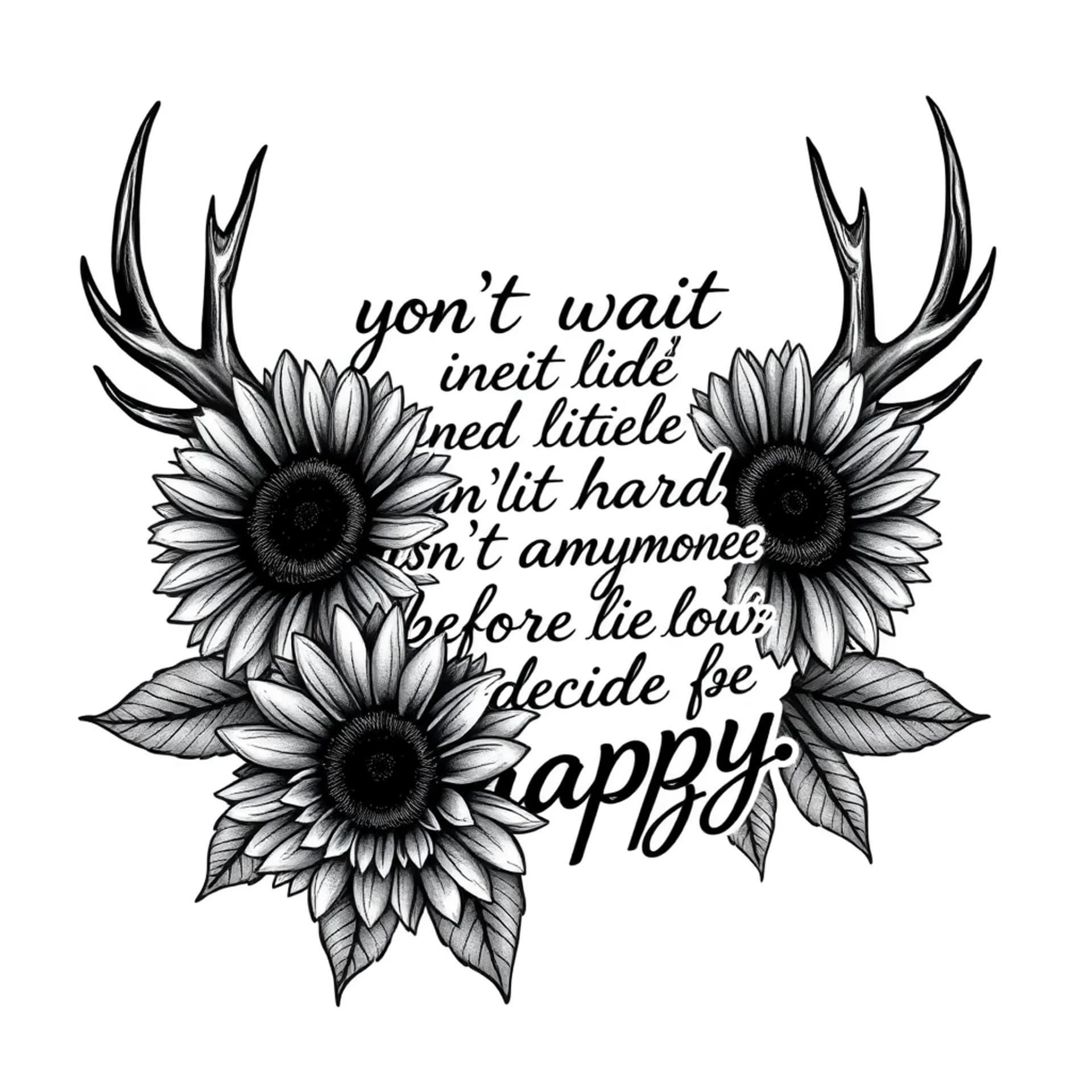 Black And Grey tattoo: Quote “you can’t wait until life isn’t hard anymore before you decide to be happy” with sunflowers and antlers