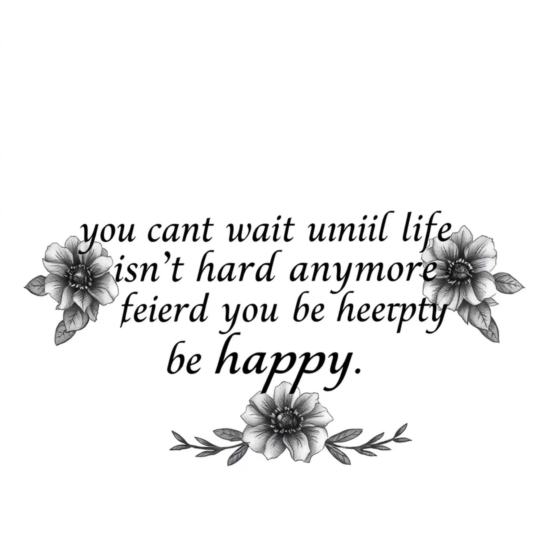 Black And Grey tattoo: Quote “you can’t wait until life isn’t hard anymore before you decide to be happy”