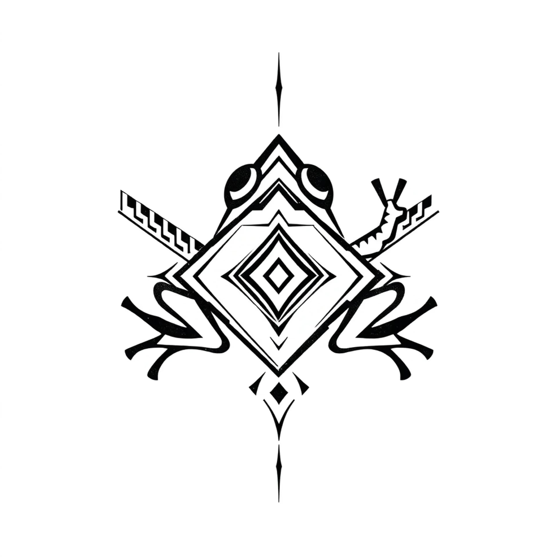 Black And Grey tattoo: Minimalist geometric leg tattoo design. Clean black lines, abstract tribal patterns: intersecting zigzag lines, triangular bands, diamond motifs, and stylized frog-inspired shapes. Thin consistent line weight, high contrast, symmetrical composition, flowing vertically along the leg, ethnic tribal aesthetic, ancient symbolism, white background, tattoo stencil style.
