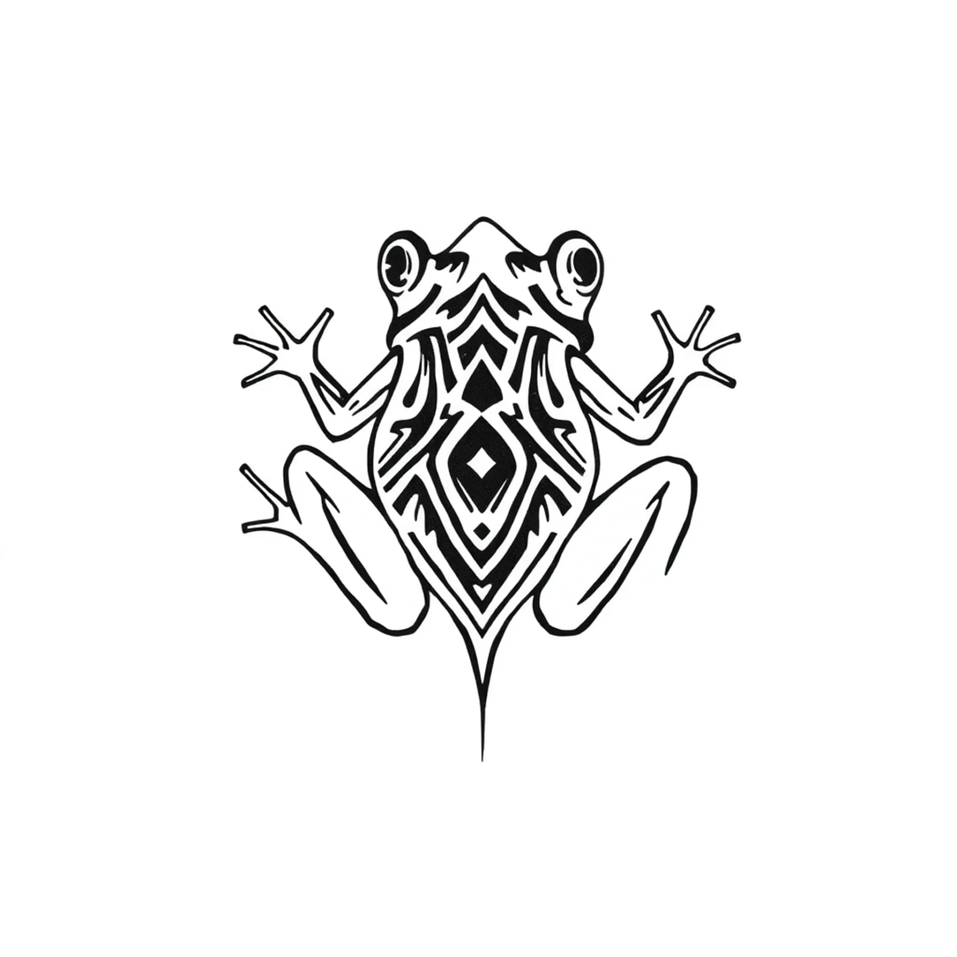 Black And Grey tattoo: Tattoo design for leg, inspired by the Run dialect of Hainan Li ethnic group (local Li), known for the most complex patterns combining curved and straight lines. Abstract geometric tribal motifs: interlocking zigzag lines, parallel stripe bands, and stylized frog patterns. Fine-line blackwork, minimalist high-contrast, flowing along the leg's natural curve, symmetrical arrangement, tribal ethnic aesthetic, ancient protective symbols, white background, clean line art.
