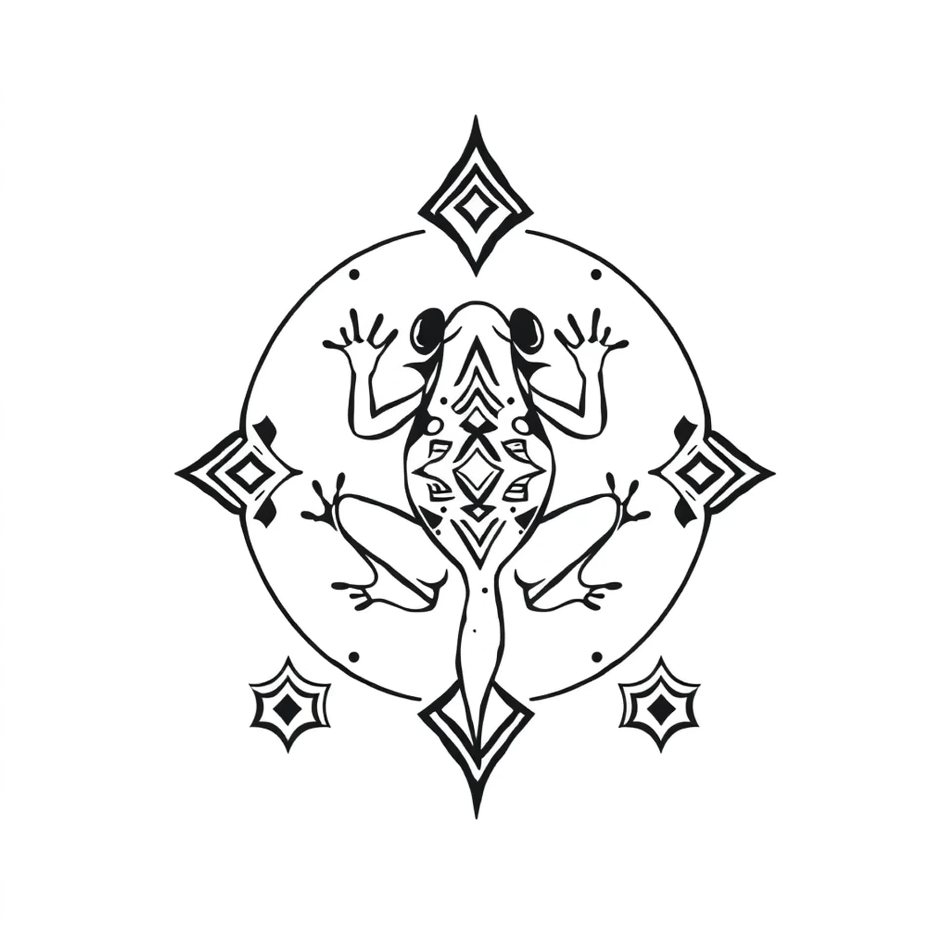 Black And Grey tattoo: A leg tattoo design inspired by Hainan Li ethnic tattoo patterns, featuring geometric lines and abstract tribal motifs such as frog patterns, diamond shapes, and water source patterns. Fine black linework, minimalist style, flowing along the leg contour, clean black ink only, high contrast, vector-like sharp lines, symmetrical composition, tribal ethnic aesthetic, ancient spiritual symbolism, white background, tattoo design, high detail.