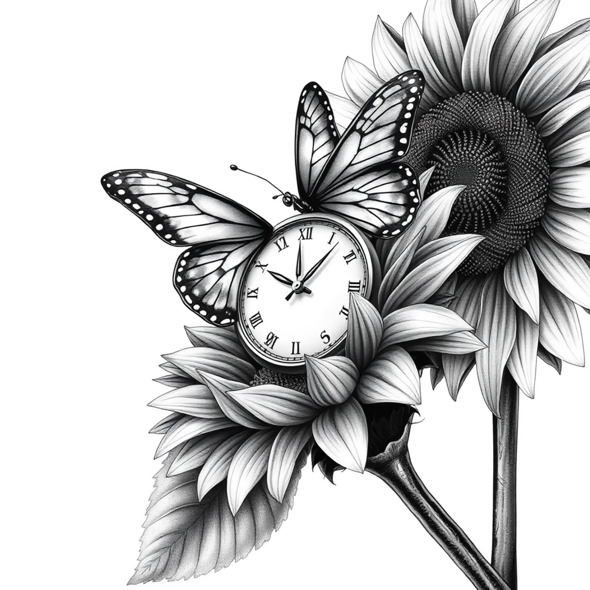 Realism tattoo: Butterfly landing on sunflower with a clock reading 3:08