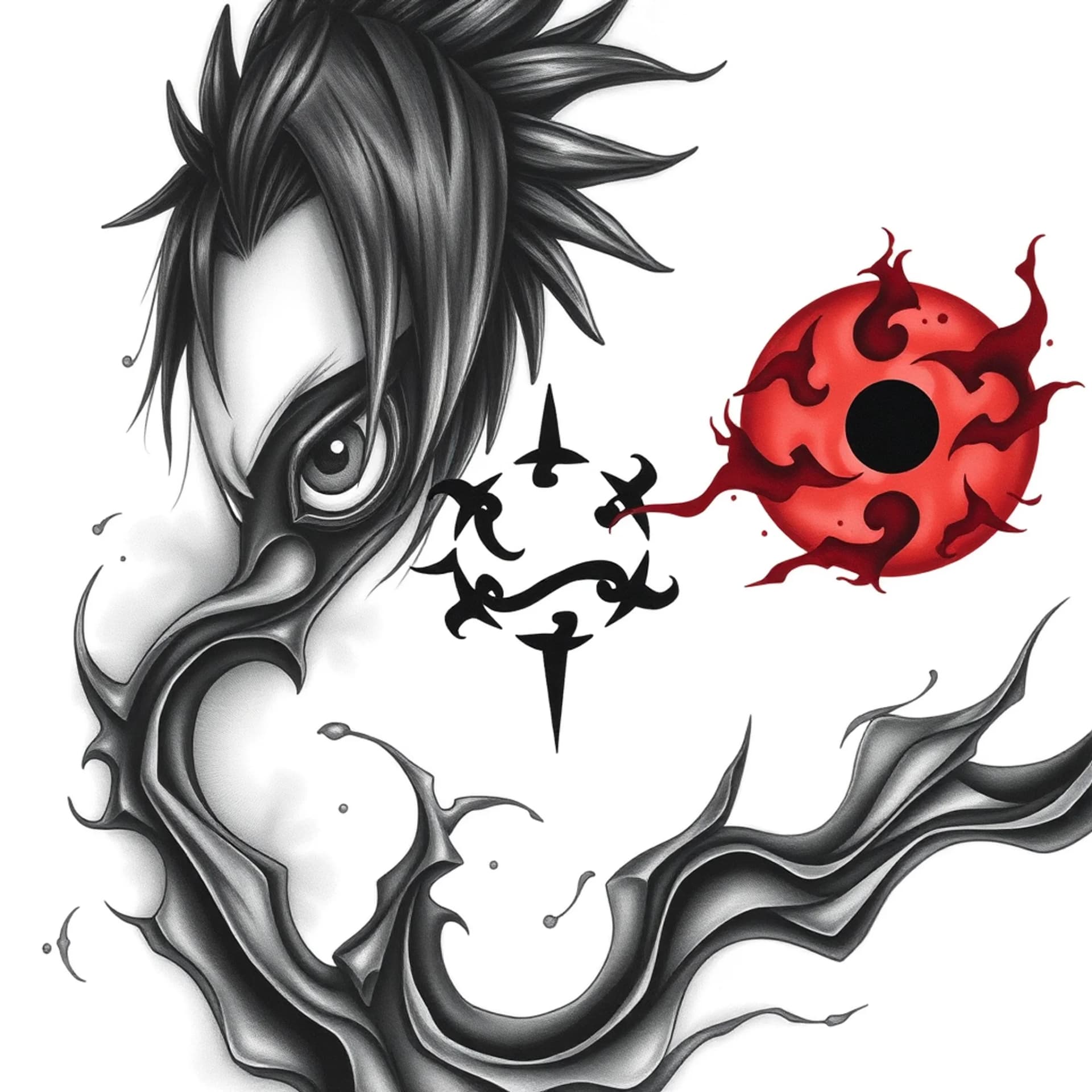 Realism tattoo: Sharingan, gaara symbol, igris and full in the rest for a full arm sleeve