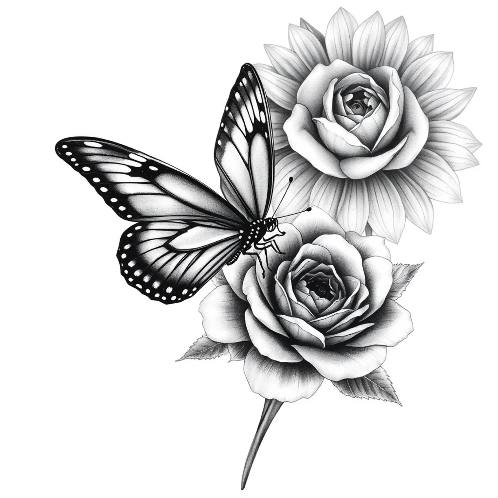 Realism tattoo: Butterfly landing on sunflower and rose