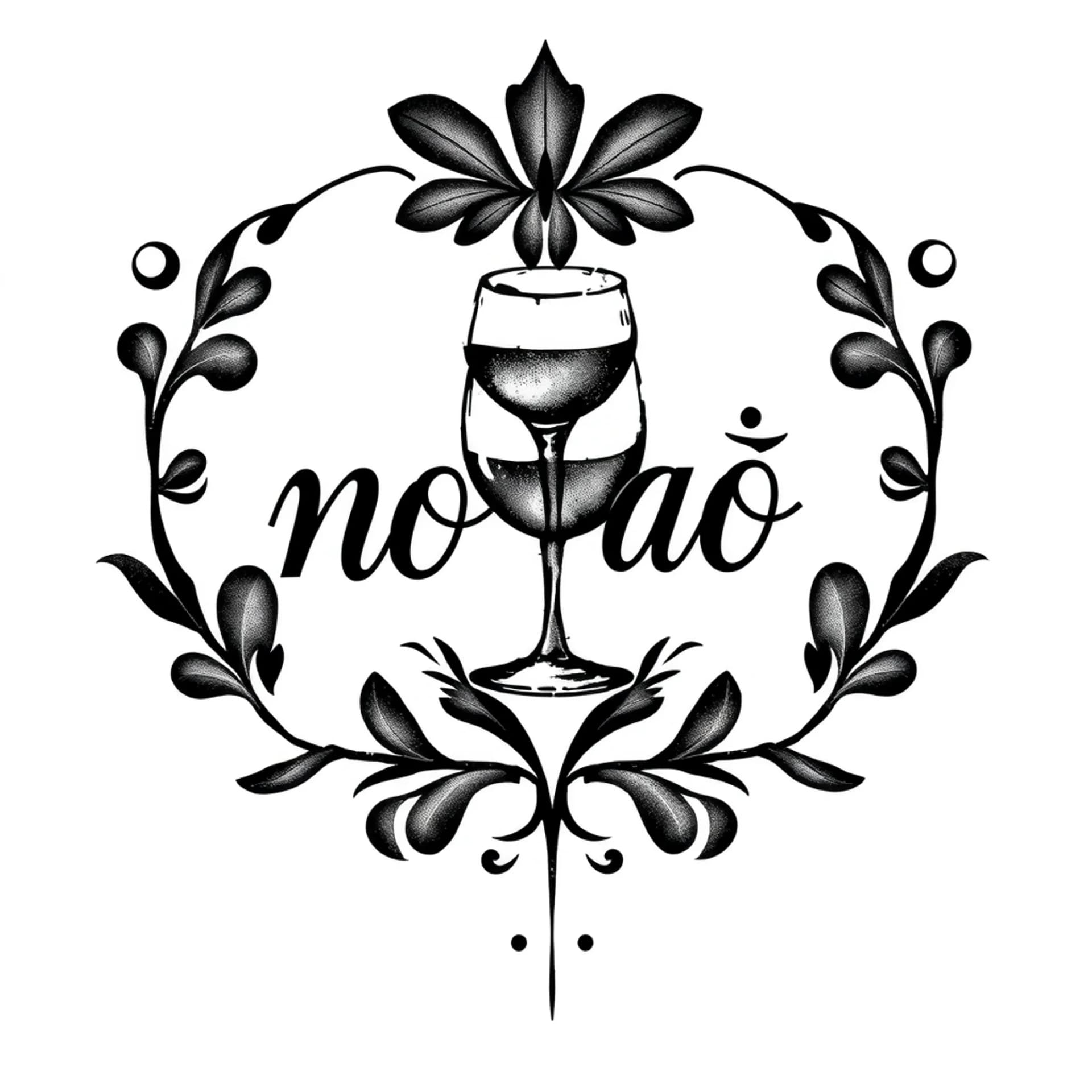 Black And Grey tattoo: “no a čo” in script incorporating a wine glass image
