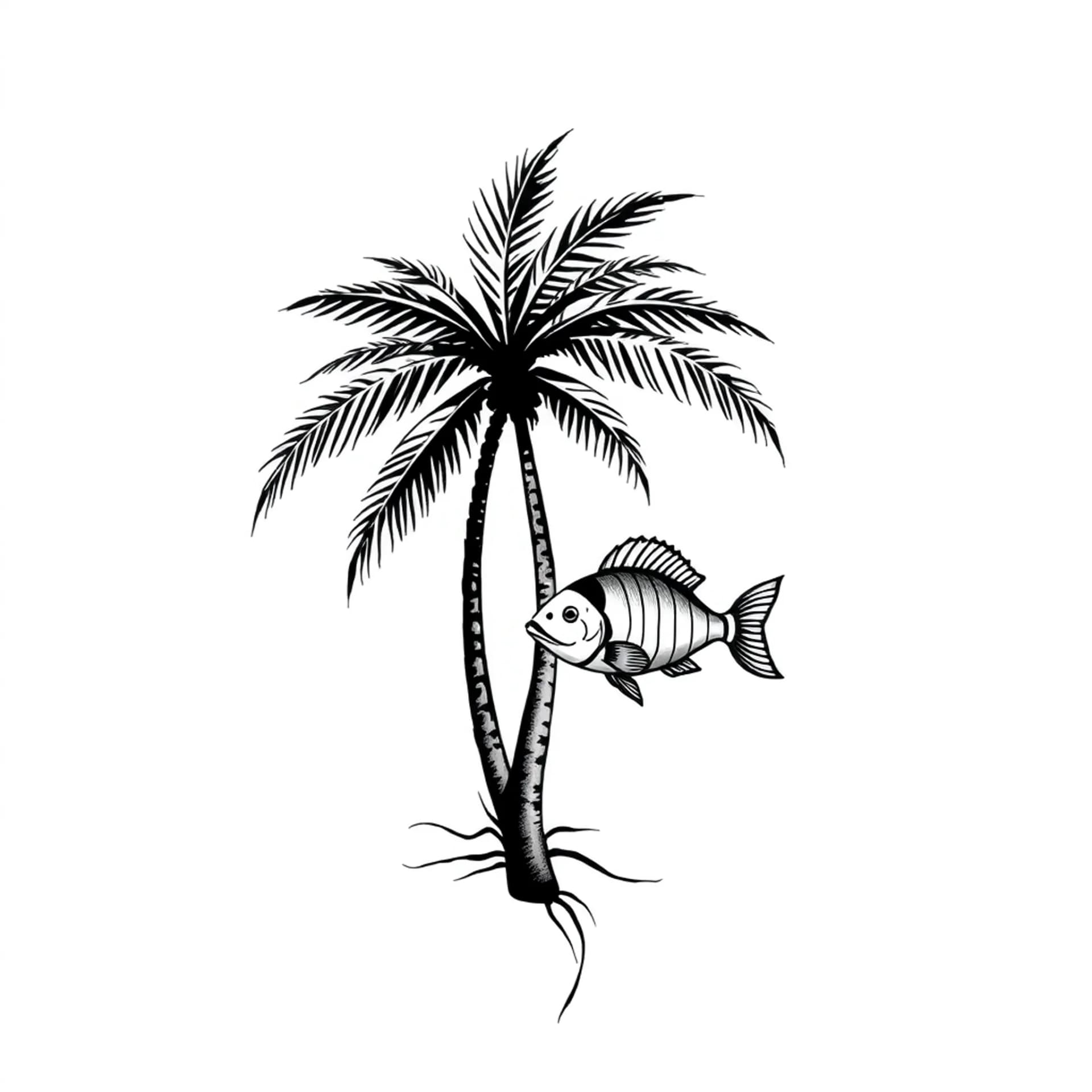 Minimalist tattoo: Coconut tree and fish