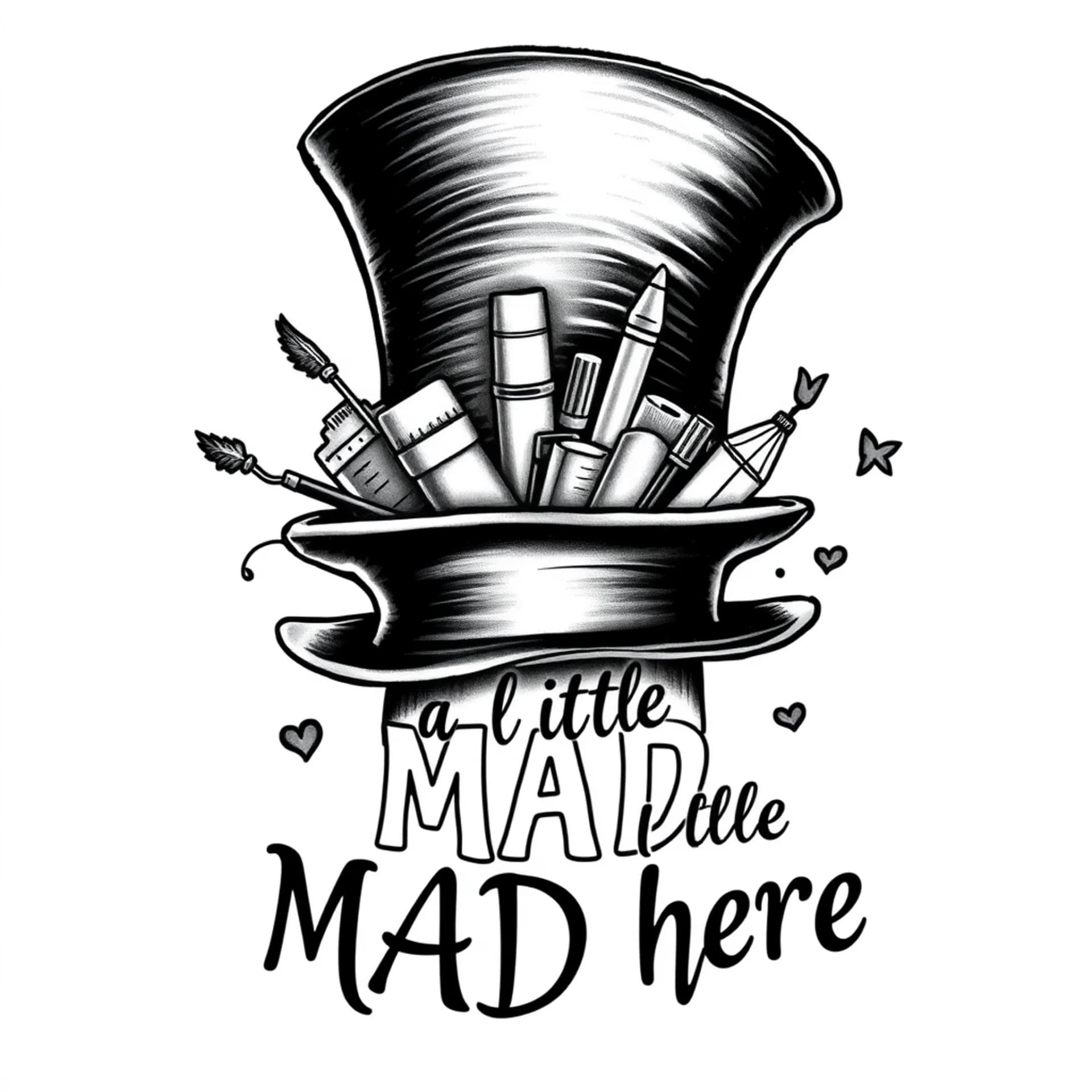 Black And Grey tattoo: “We’re all a little MAD here!” Special education school staff members team. Mad Hatter Hat with school supplies spilling out of the hat.