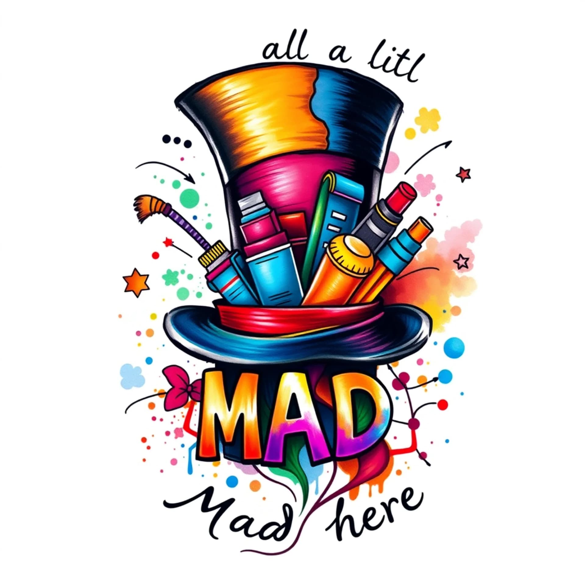 Abstract tattoo: “Team MAW”. “We’re all a little MAD here!” Special education school staff members. Mad Hatter Hat with school supplies spilling out of the hat.