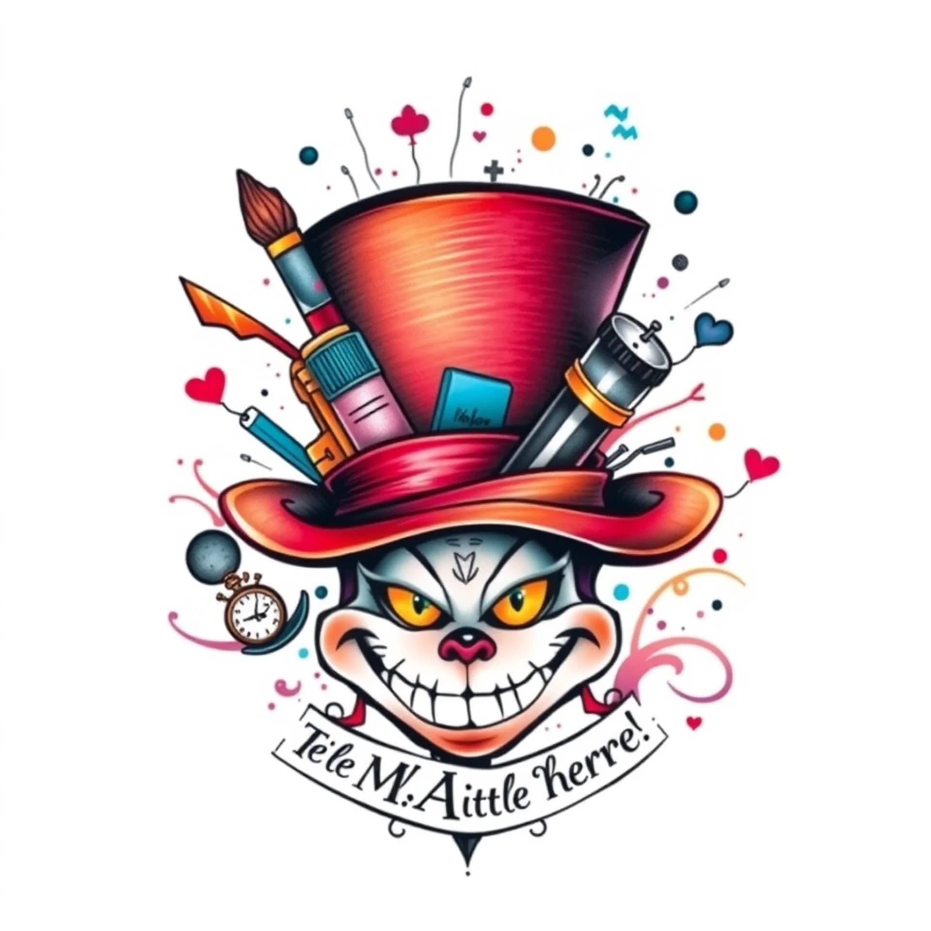 Abstract tattoo: “Team MAW” and “We’re all a little MAD here!”.
Mad Hatter Hat with school supplies spilling out of the hat. Cheshire Cat grin. Pocket watch.