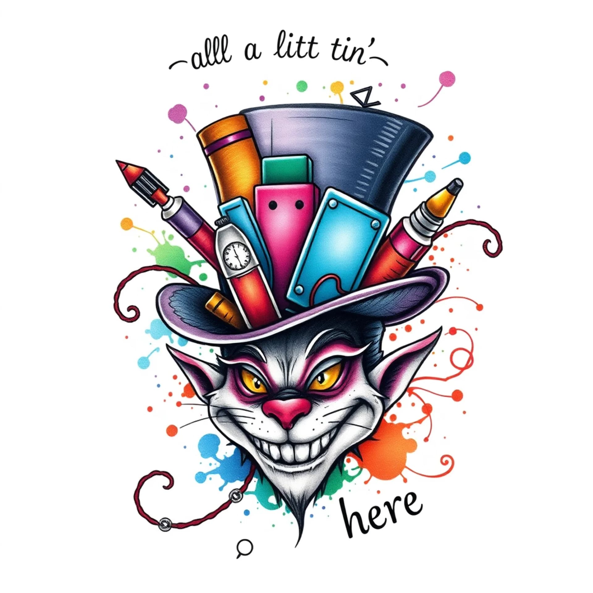Abstract tattoo: “Team MAW”
“We’re all a little MAD here!”
Mad Hatter Hat with school supplies spilling out of the hat. Cheshire Cat grin. Pocket watch.