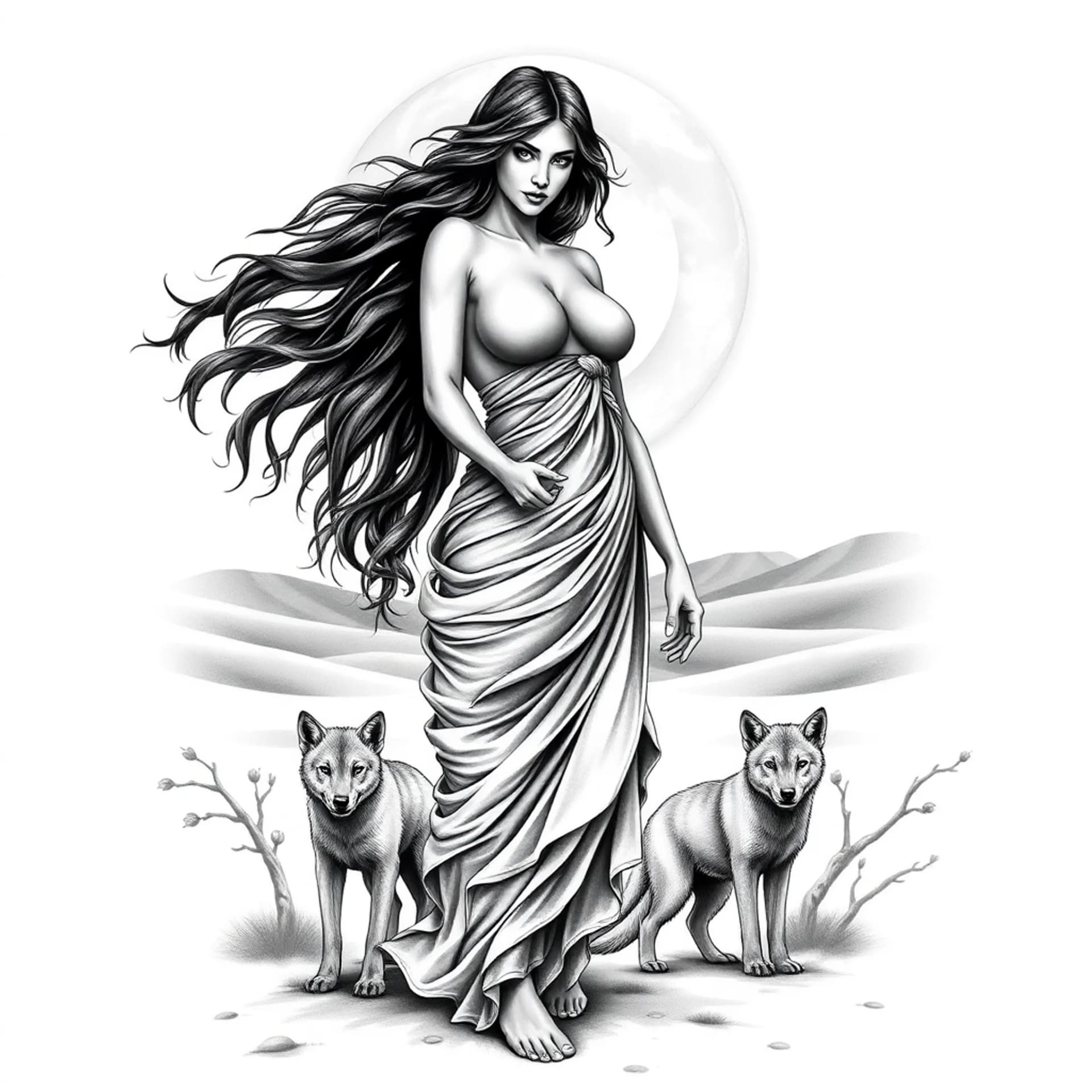 Realism tattoo: Greek goddess Artemis full figure standing in a desert with a full moon behind her. She is facing forward and her hands alongside her with long dark hair blowing in a gentle breeze. She has big heavy breasts that shows through her very revealing dress. There is ONE wolf cub on her left side