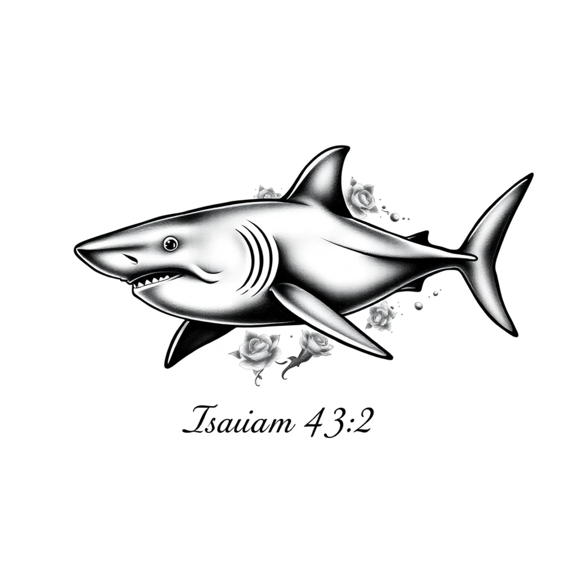 Black And Grey tattoo: An outline of shark with the verse Isaiah 43:2 underneath