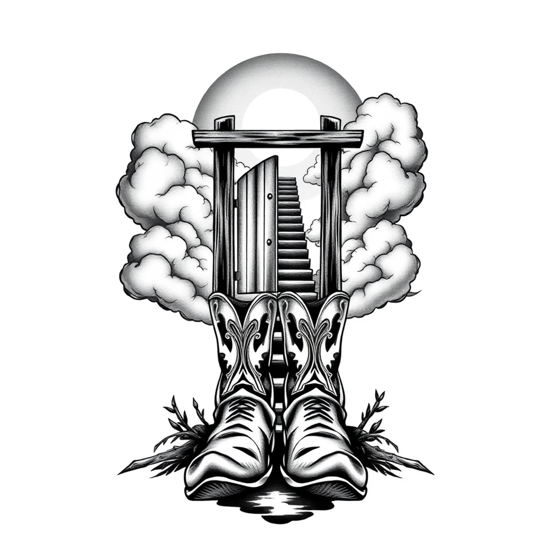 Black And Grey tattoo: Cowgirl boots at the base of a gate or a set of stairs leading into the clouds.