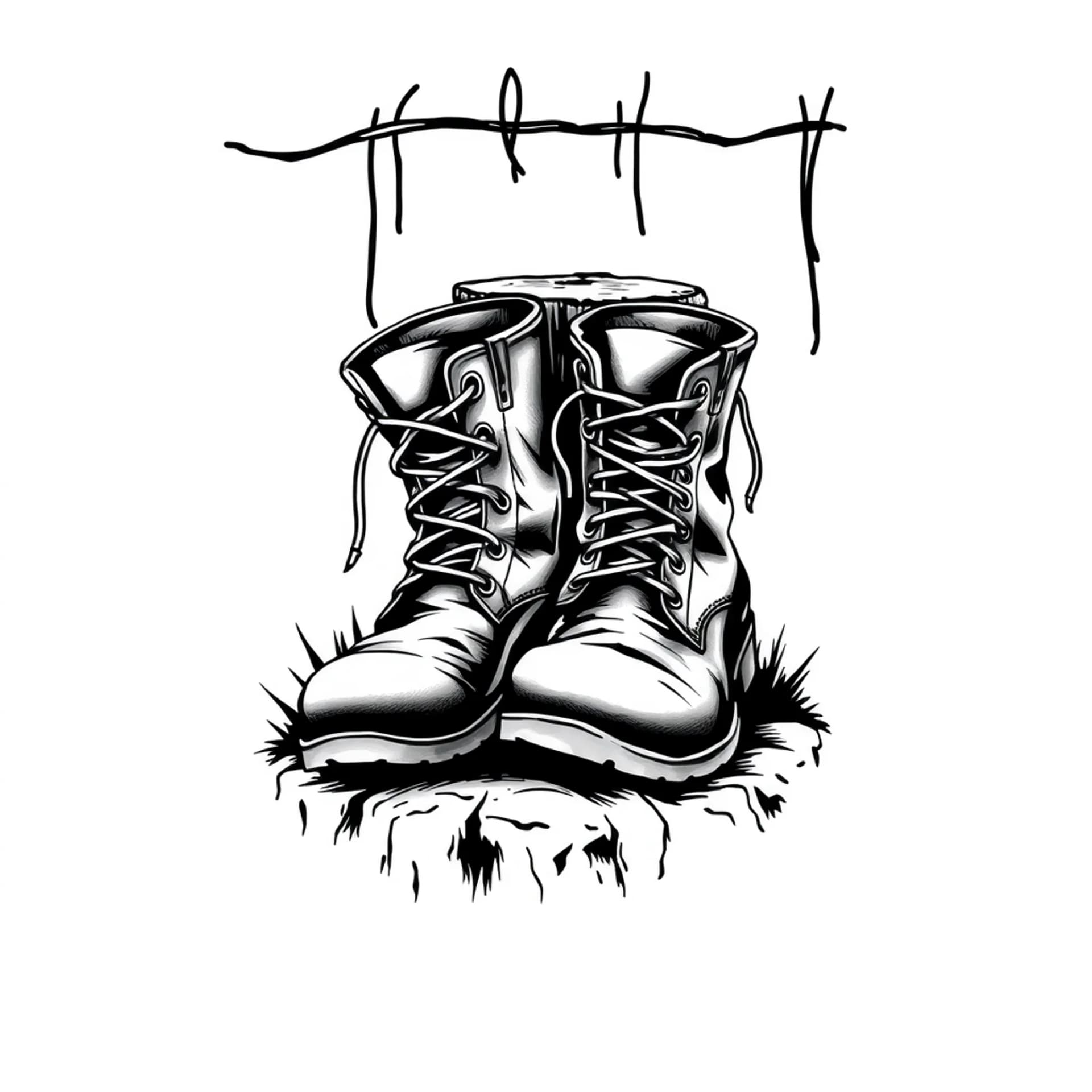 Black And Grey tattoo: Pair of worn-out boots resting against a fence or a tree stump,