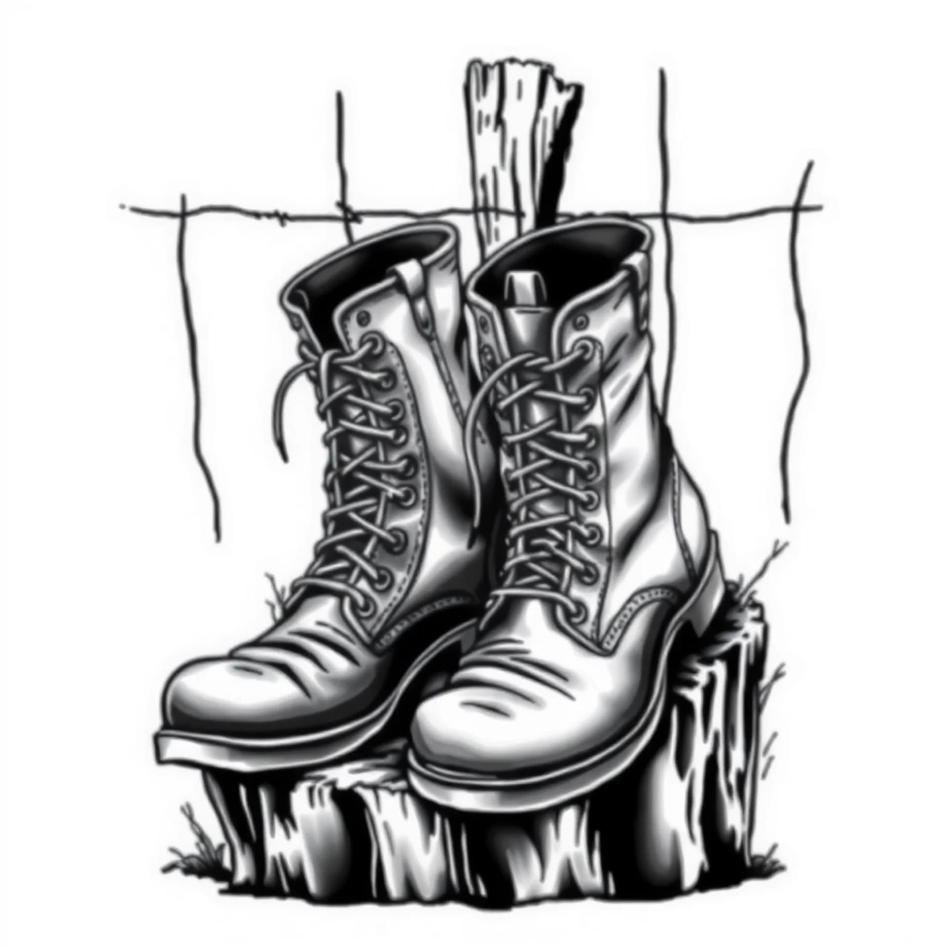 Black And Grey tattoo: Pair of worn-out boots resting against a fence or a tree stump,