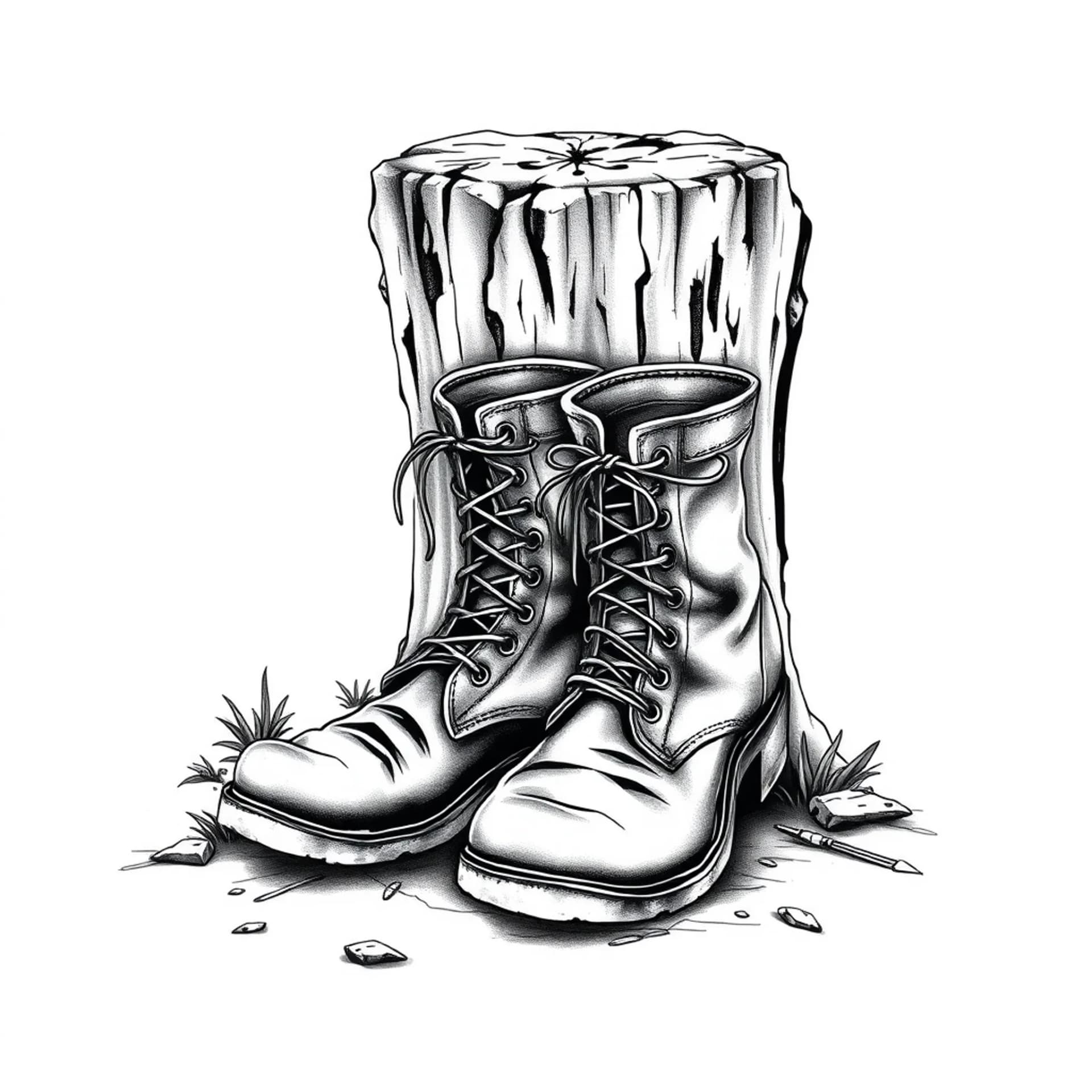 Black And Grey tattoo: Pair of worn-out boots resting against a fence or a tree stump,