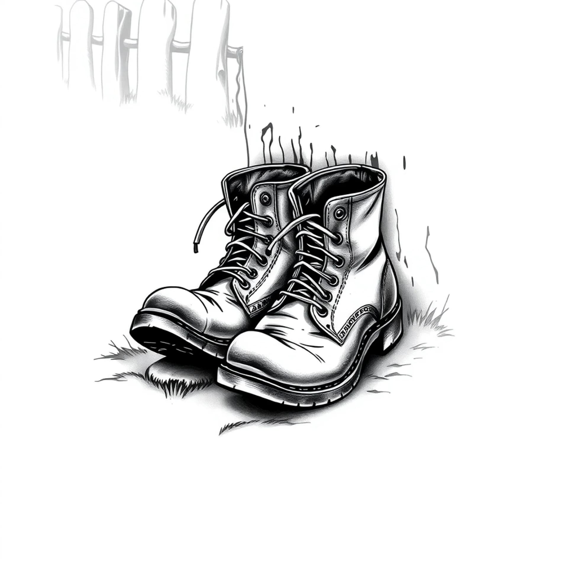 Black And Grey tattoo: Pair of worn-out boots resting against a fence or a tree stump,