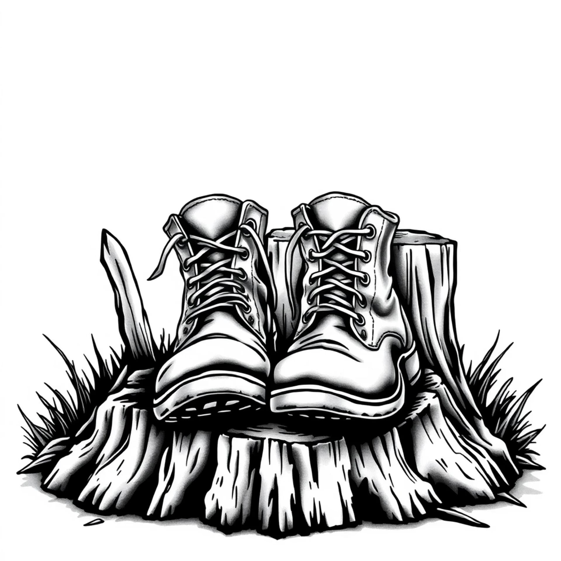Black And Grey tattoo: Pair of worn-out boots resting against a fence or a tree stump,