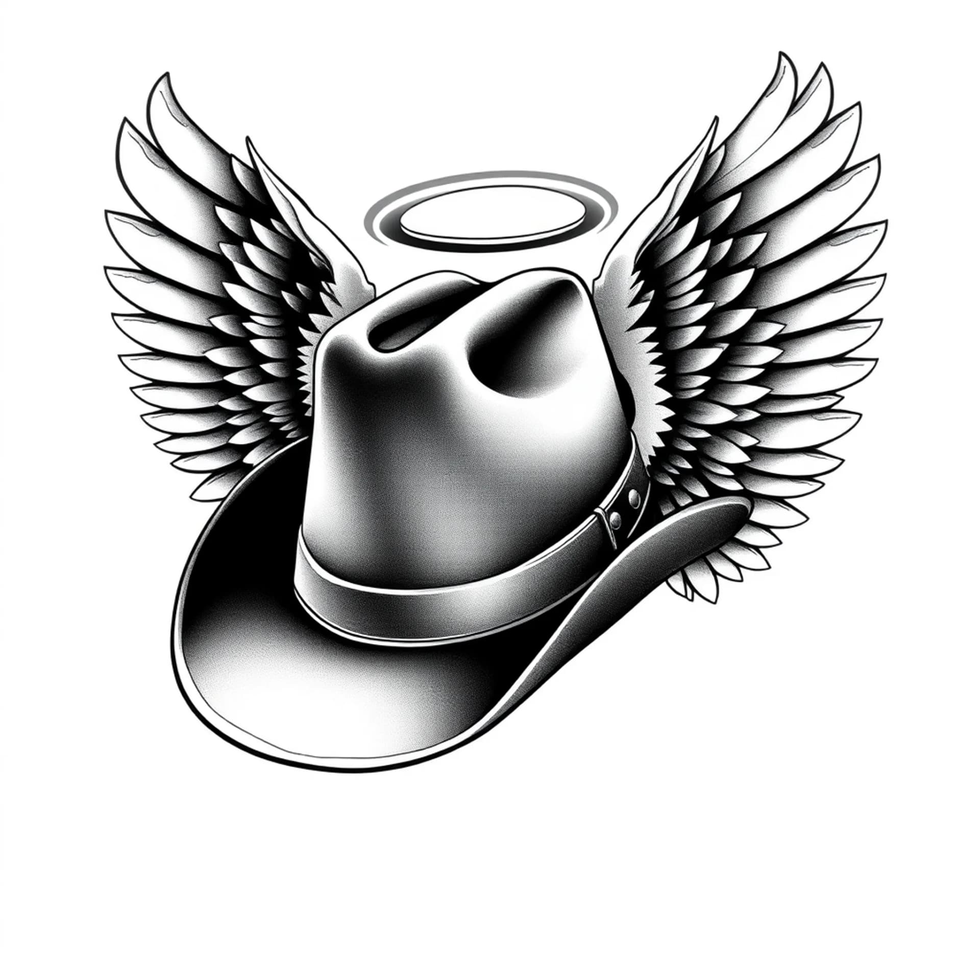 Black And Grey tattoo: Cowboy Hat with Angel Wings: A popular and powerful tribute. You can add a halo