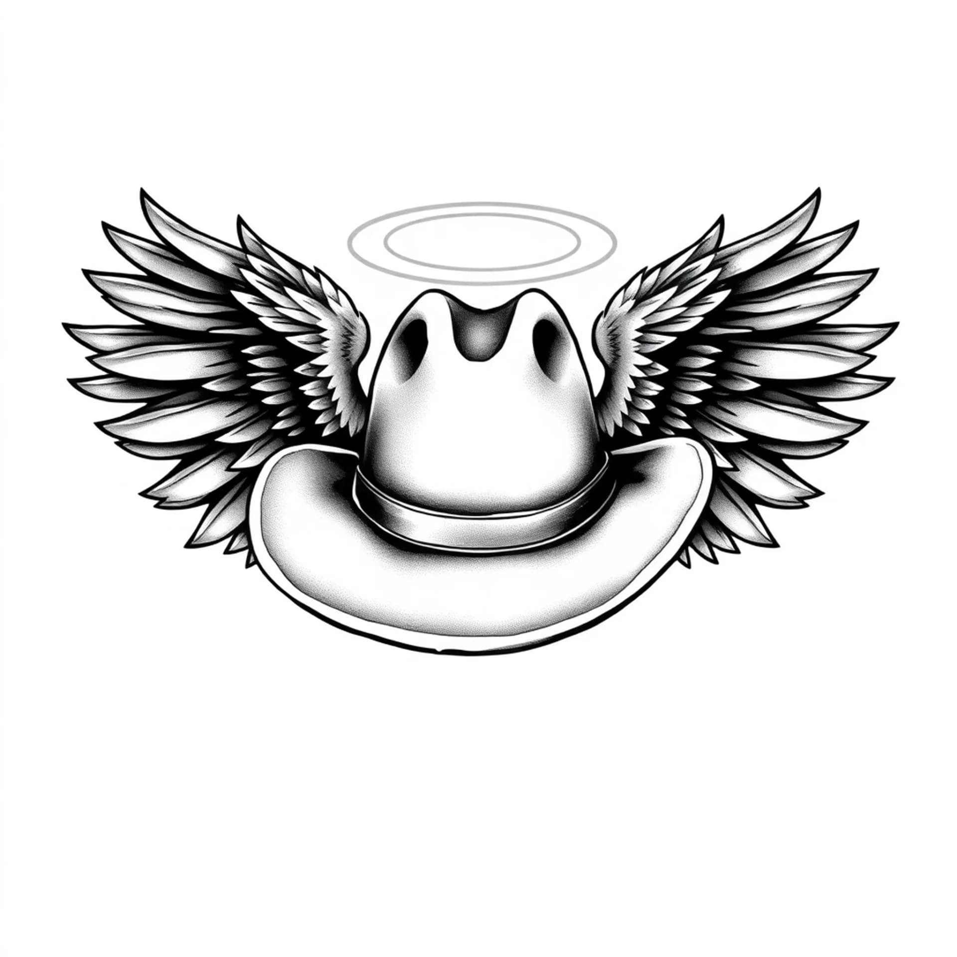 Black And Grey tattoo: Cowboy Hat with Angel Wings: A popular and powerful tribute. You can add a halo
