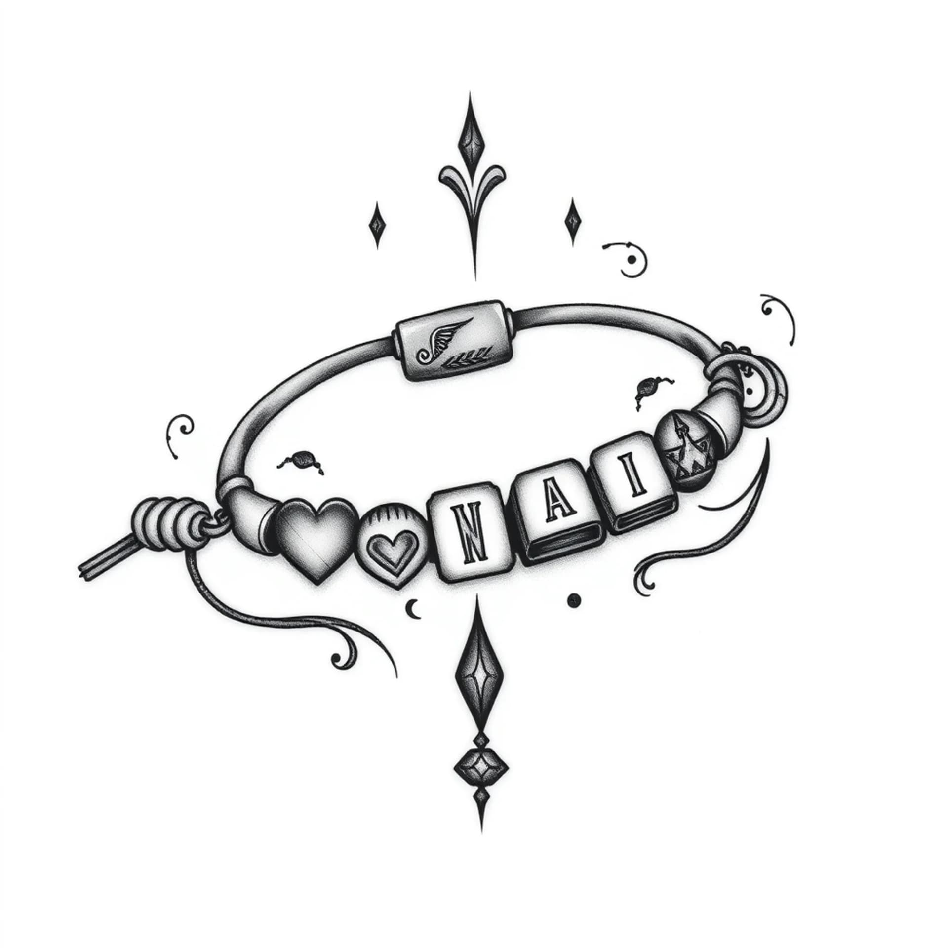 Black And Grey tattoo: A ankle bracelet with little beats
1 is a book
1 is a symbool of shadowhunters
1 is a symbool of red white and royal Blue
1 is a symbool of young royals
1 is a symbool of hartstopper
One is a symbool of heated rivalry
Every simbol is in the tattoo