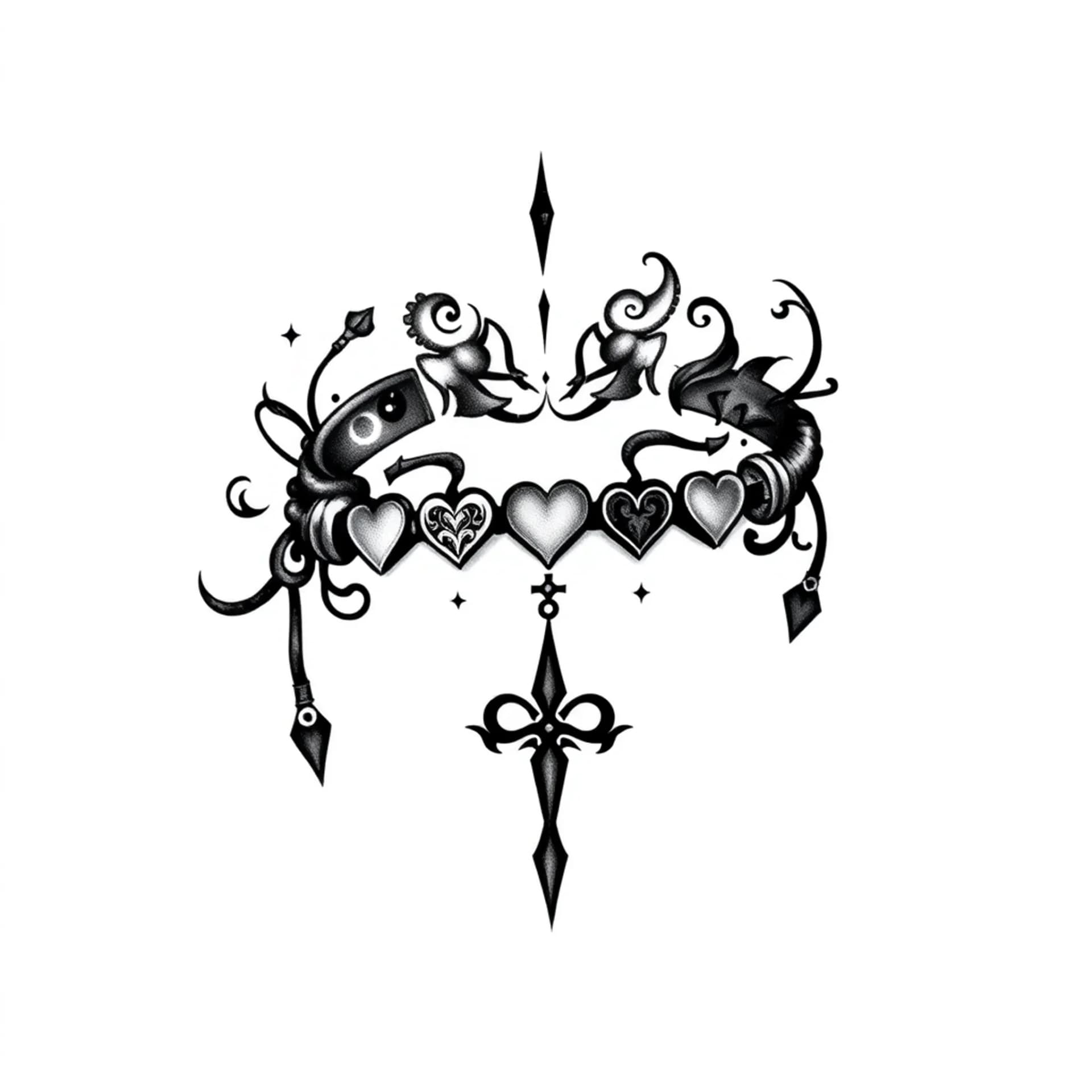 Black And Grey tattoo: A ankle bracelet with little beats
1 is a book
1 is a symbool of shadowhunters
1 is a symbool of red white and royal Blue
1 is a symbool of young royals
1 is a symbool of hartstopper
One is a symbool of heated rivalry
Every simbol is in the tattoo