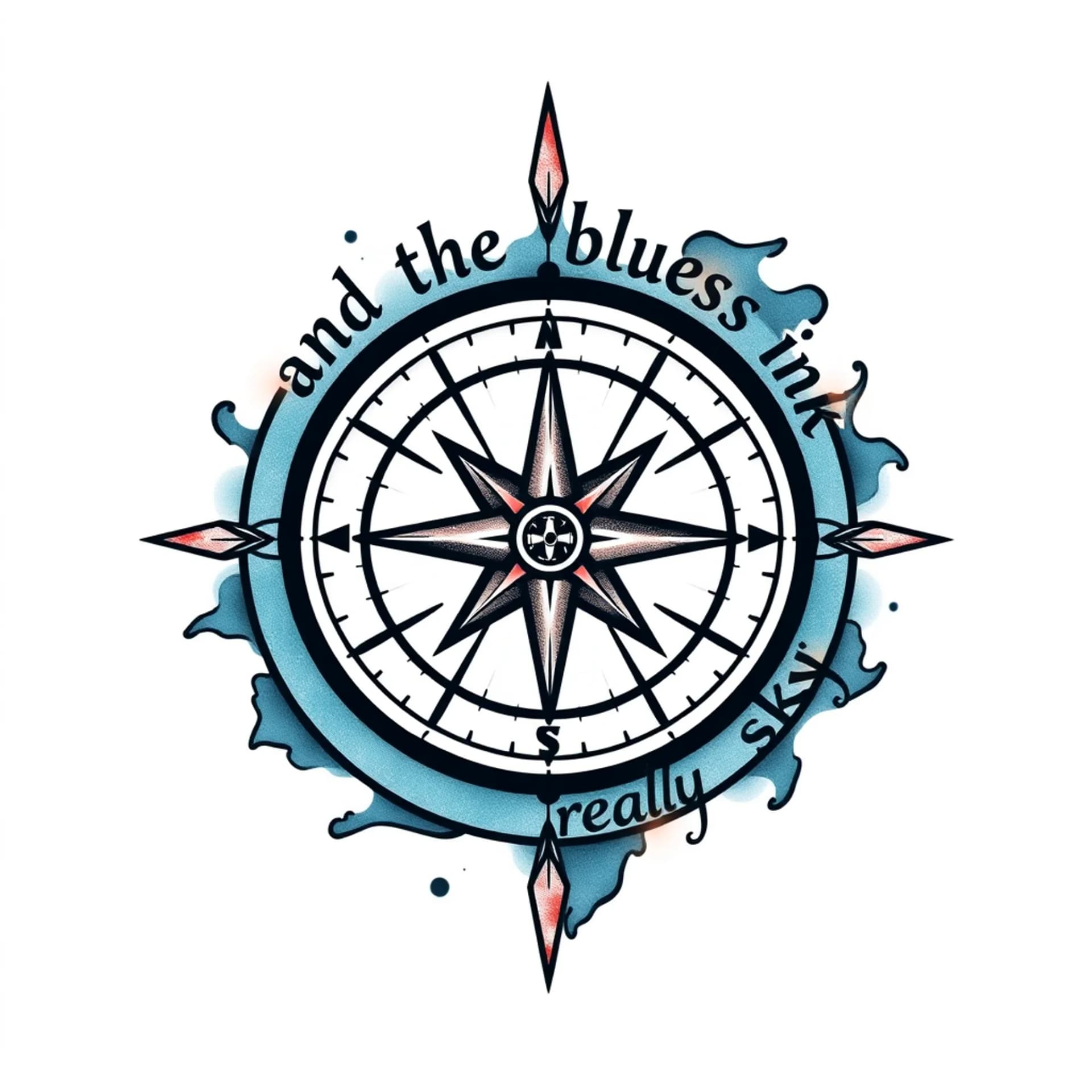 Traditional tattoo: A compass with the words "and the bluest ink isn't really sky" around it