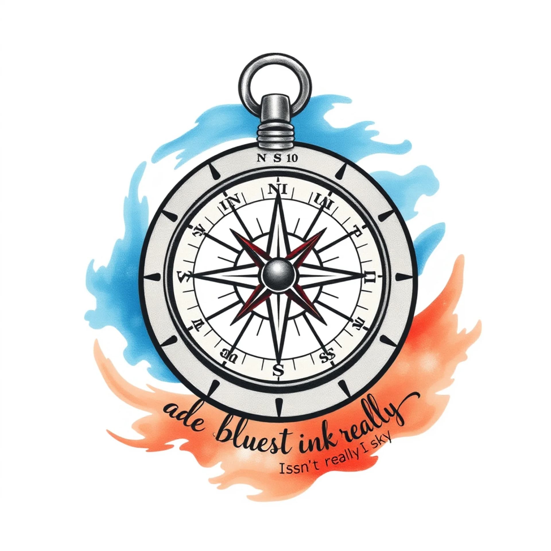 Traditional tattoo: A compass with the words "and the bluest ink isn't really sky" around it