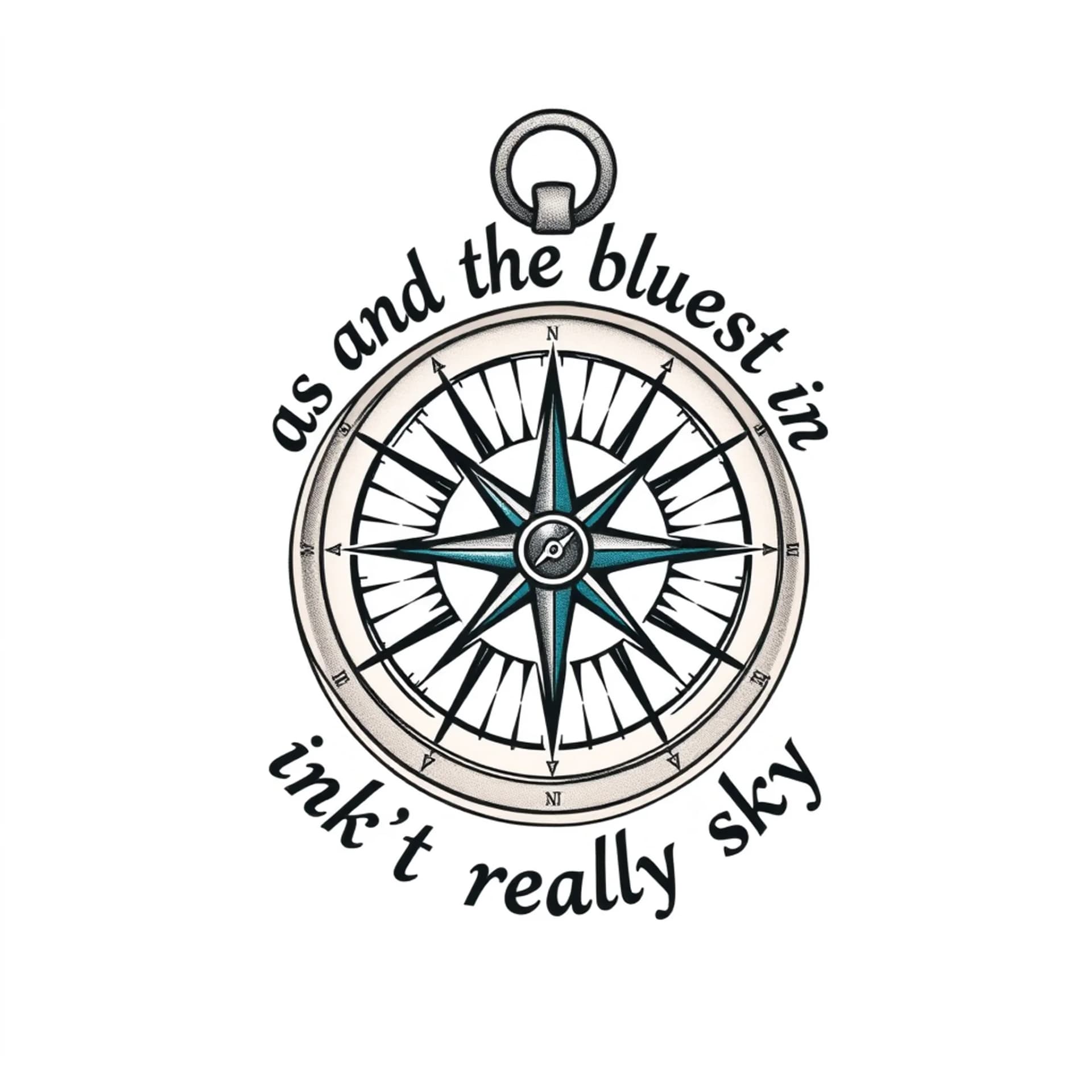 Traditional tattoo: A compass with the words "and the bluest ink isn't really sky" around it