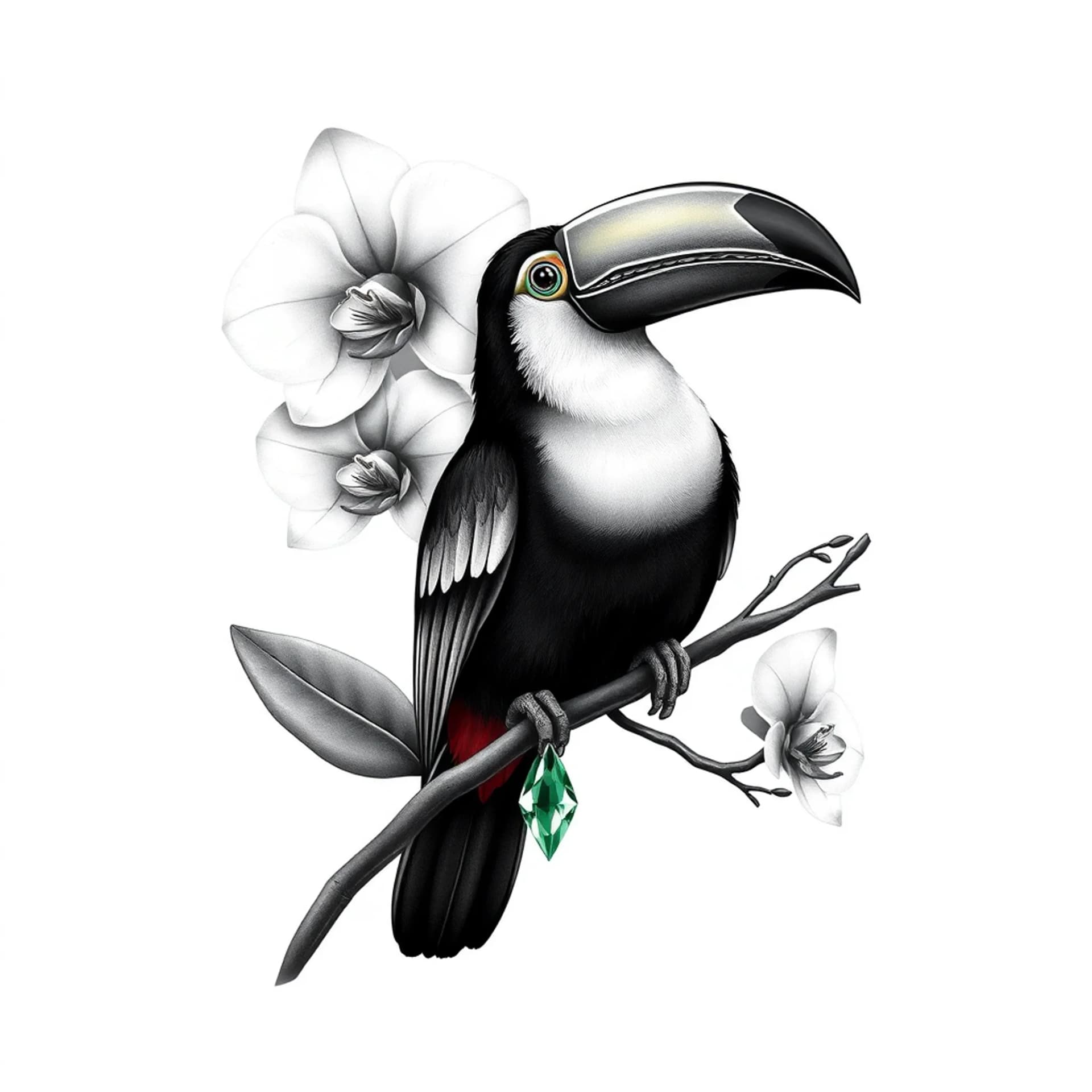 Black And Grey tattoo: Colorful tucan on coffee bean branch two white orchids in background hanging princess cut emerald stone from tucan beak