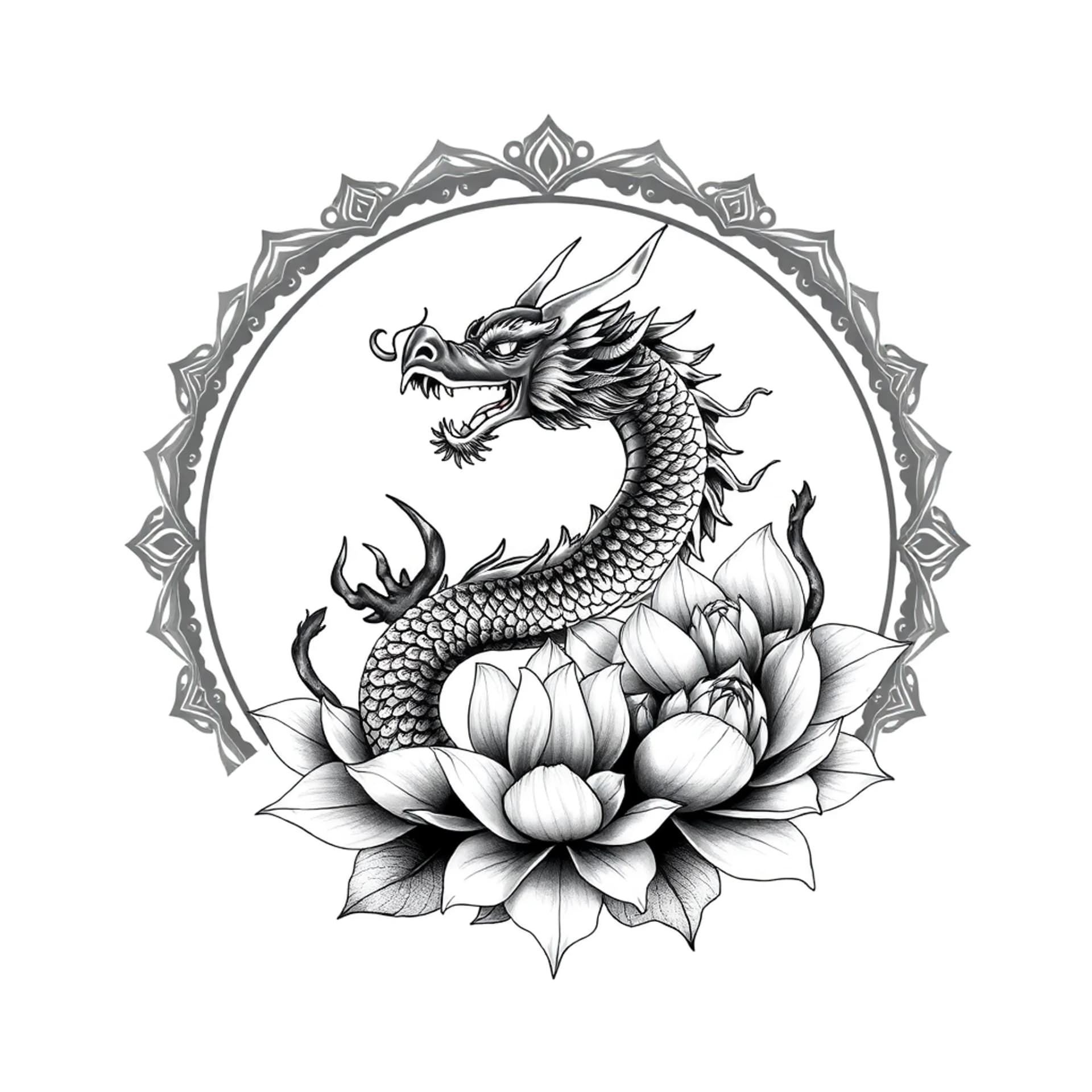 Black And Grey tattoo: Dragon full body and lotus flowers