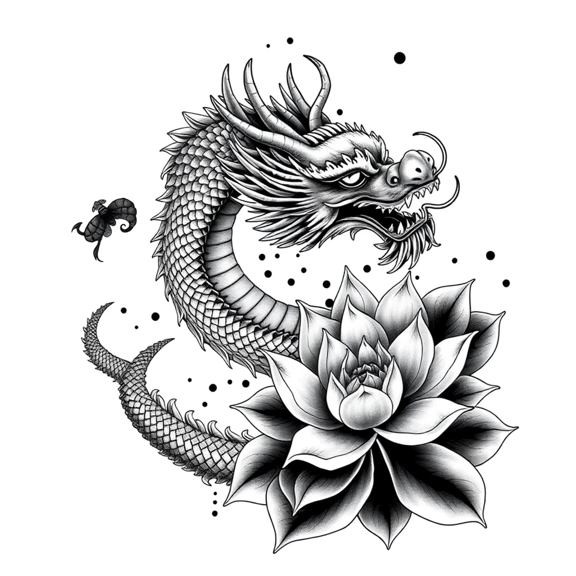 Black And Grey tattoo: Dragon full body and lotus flowers