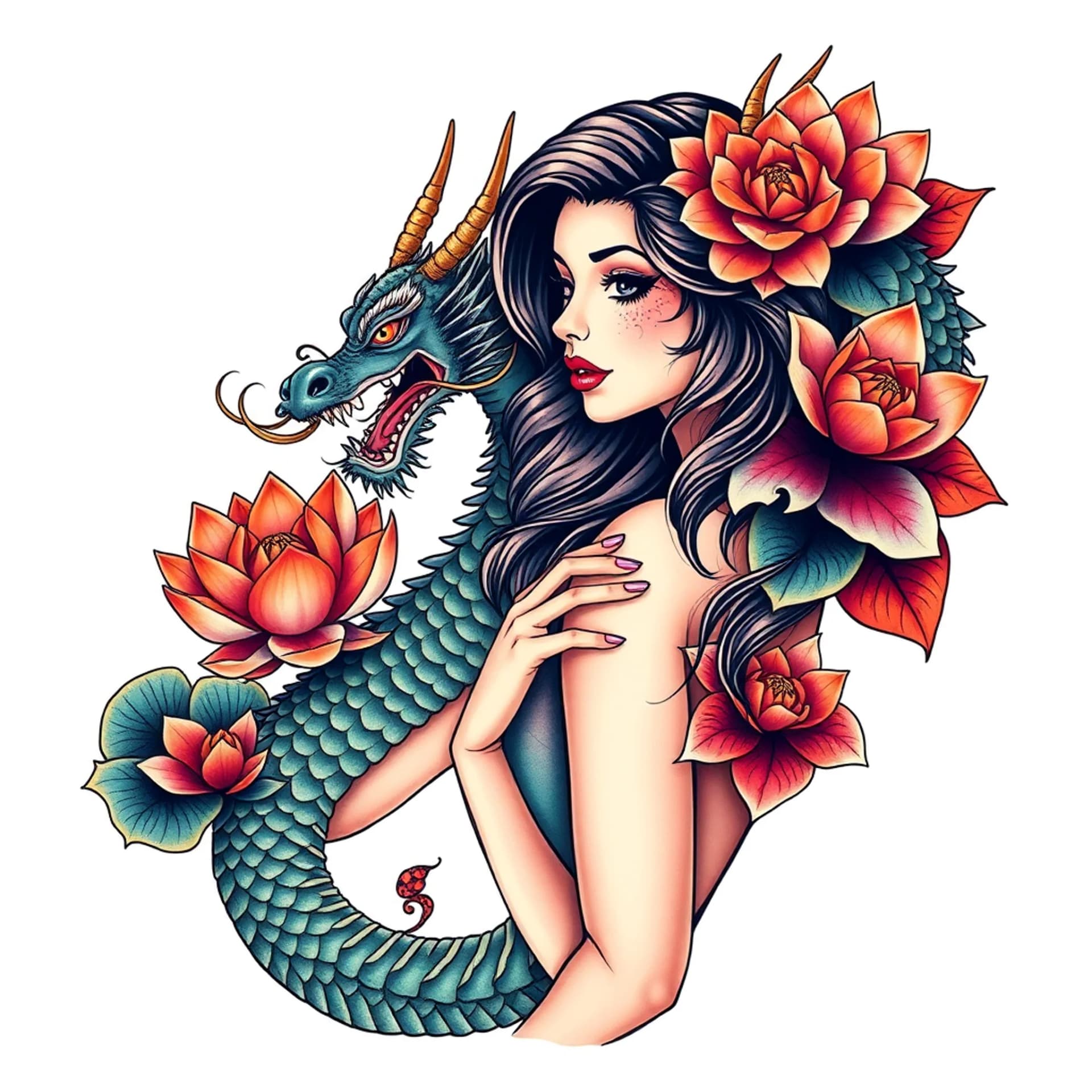 Pin Up tattoo: Pinup girl with dragon and lotus flowers