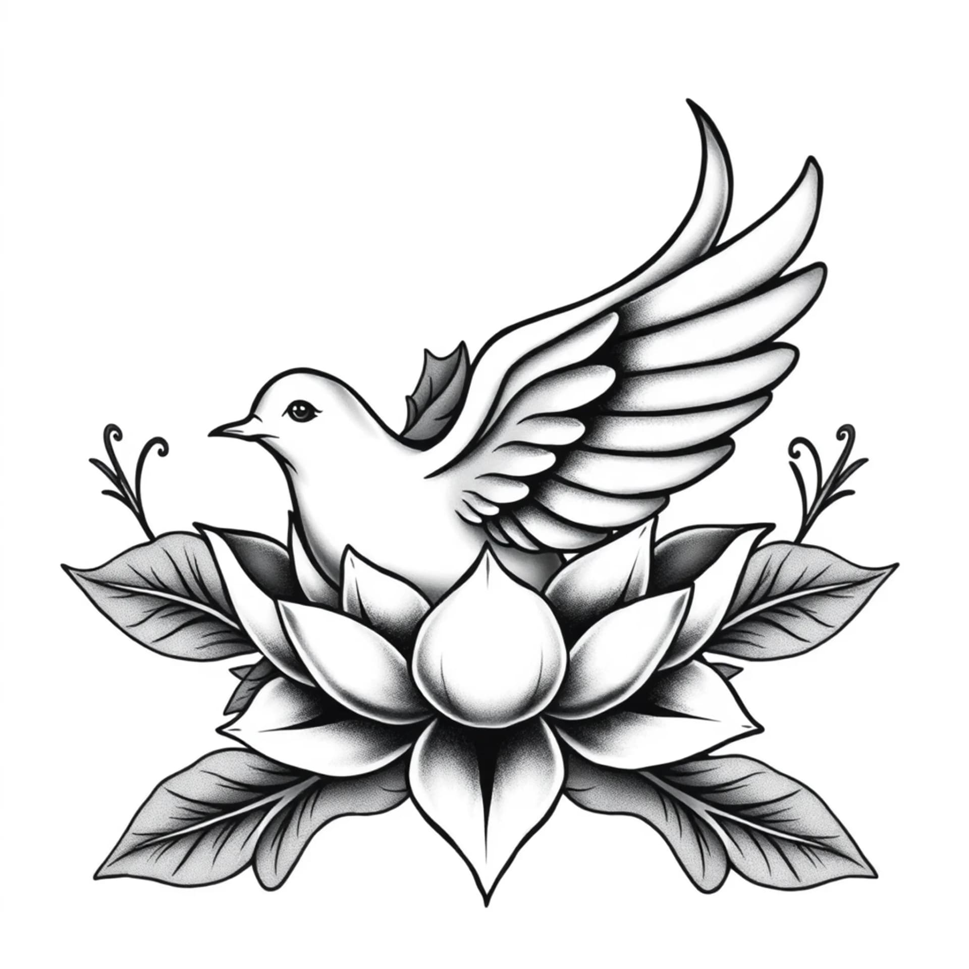 Black And Grey tattoo: Dove with lotus flower beginner tattoo stencil nice line Hindu design around