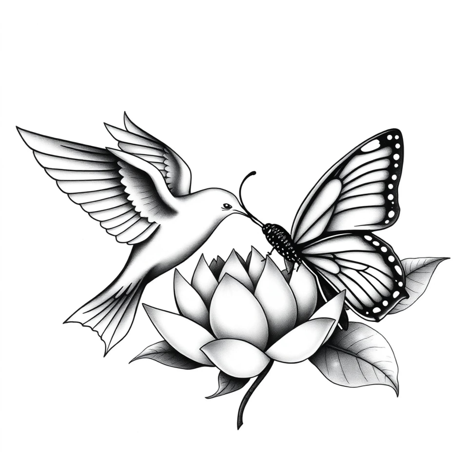 Black And Grey tattoo: Dove and butterfly with lotus flower beginner tattoo stencil forearm