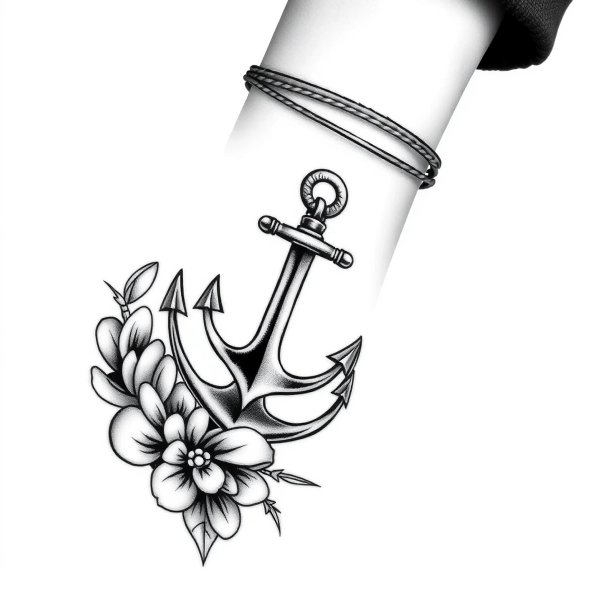 Black And Grey tattoo: Small feminine anchor on ankle bracelet