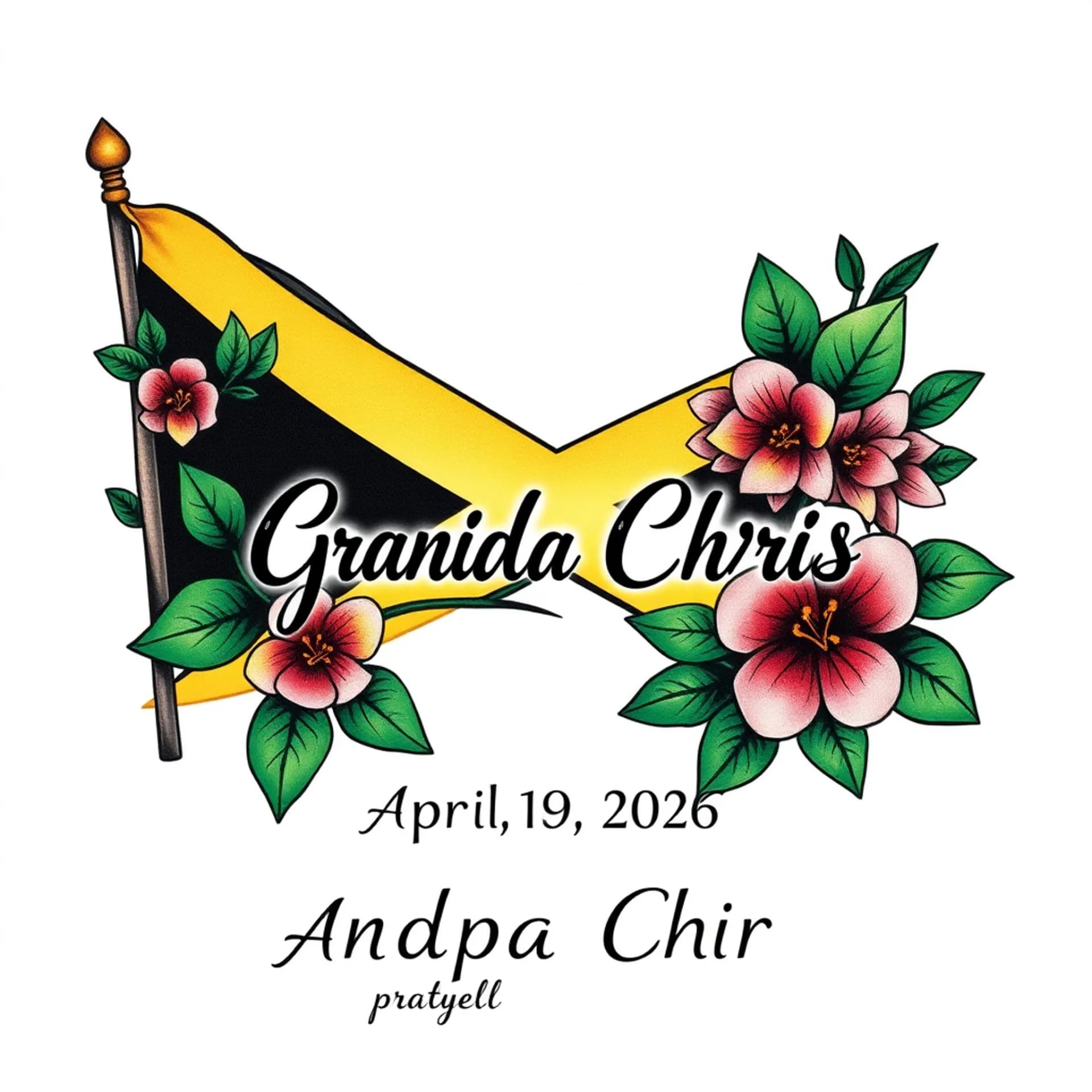 Traditional tattoo: Add Jamaican flag, add name: Grandpa Chris, Add date: April 25, 2026, add Lignum Vitae flowers, add colors