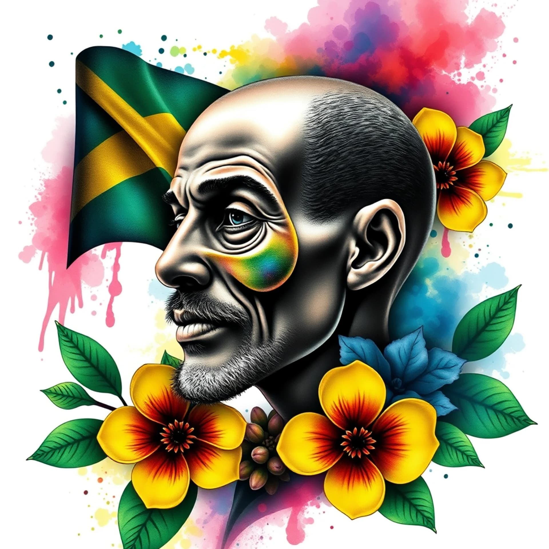 Surrealism tattoo: Add Jamaican flag, add name: Grandpa Chris, Add date: April 25, 2026, add Lignum Vitae flowers, add colors