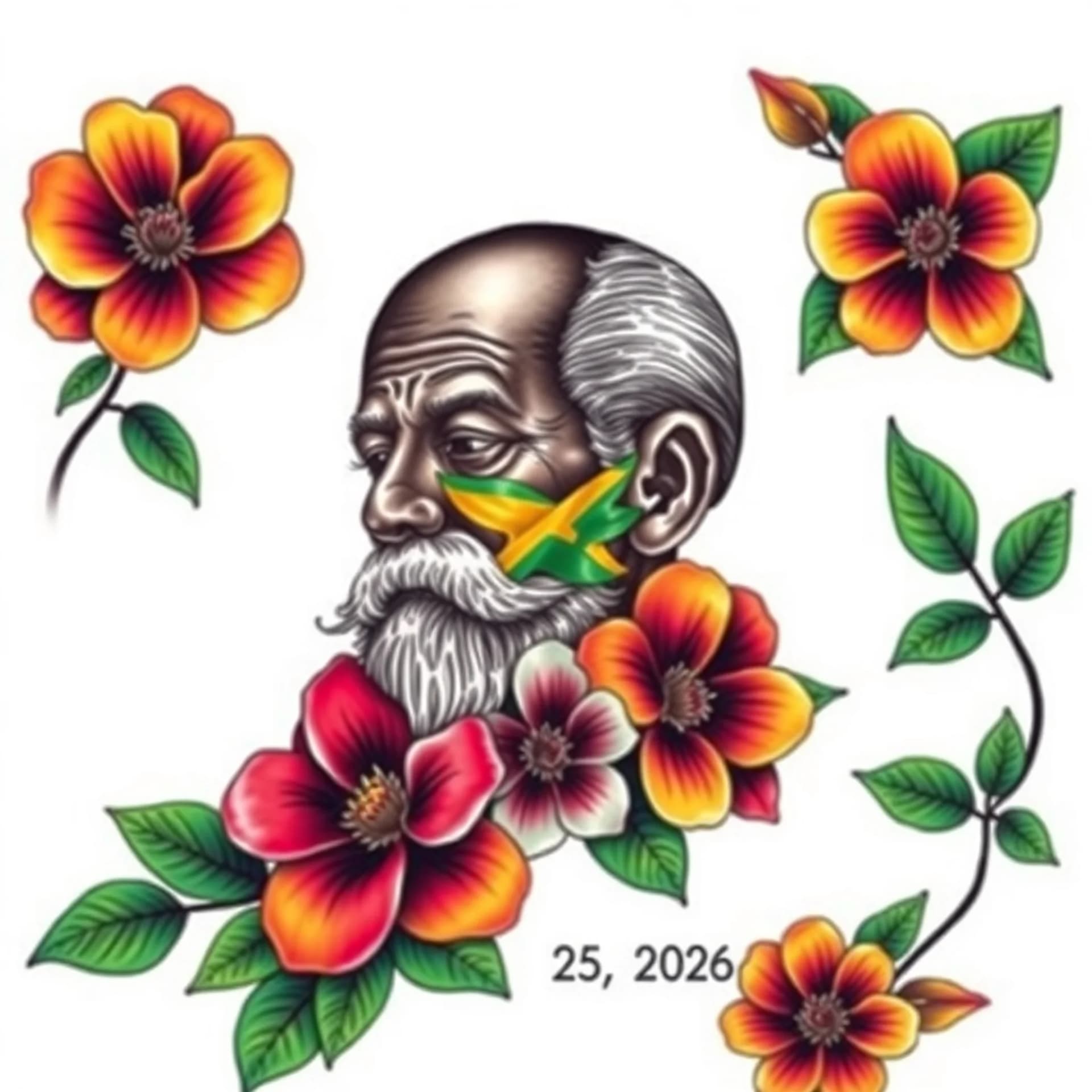 Surrealism tattoo: Add Jamaican flag, add name: Grandpa Chris, Add date: April 25, 2026, add Lignum Vitae flowers, add colors