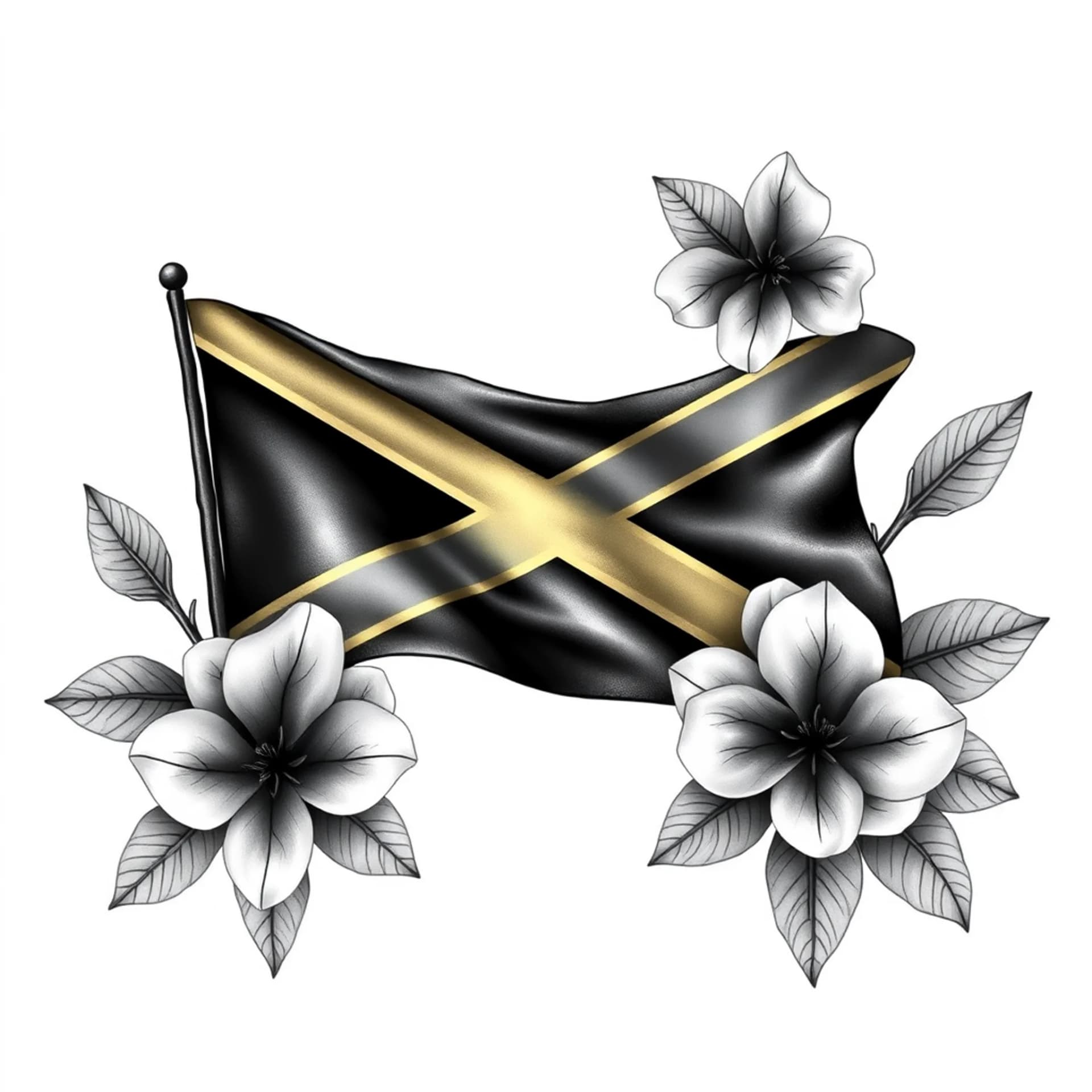 Realism tattoo: Add Jamaican flag, add name: Grandpa Chris, Add date: April 25, 2026, add Lignum Vitae flowers, add colors